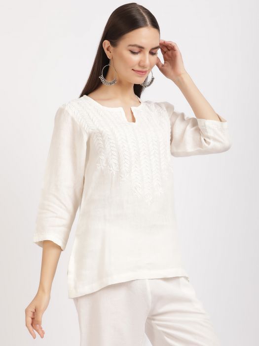 Linen Club Woman Pure Linen Off White  Embroidered  Tunic For Women
