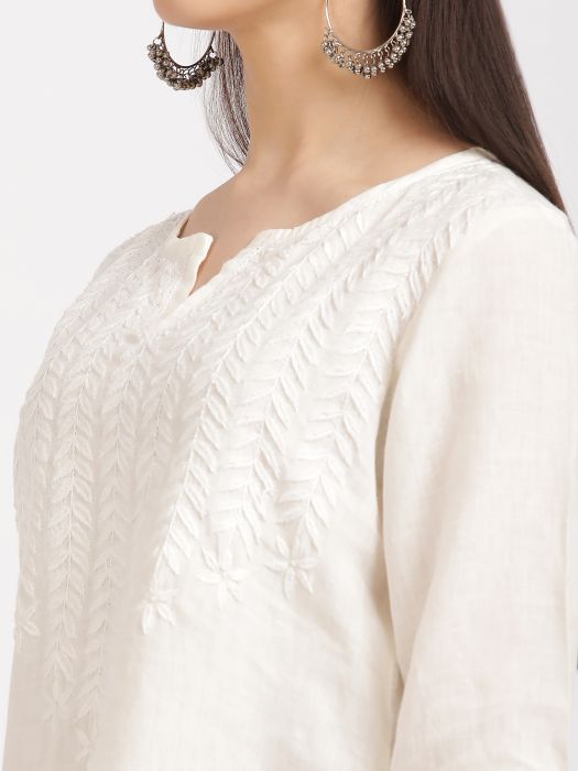 Linen Club Woman Pure Linen Off White  Embroidered  Tunic For Women