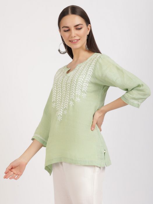 Linen Club Woman Pure Linen Mint Green  Embroidered  Tunic For Women