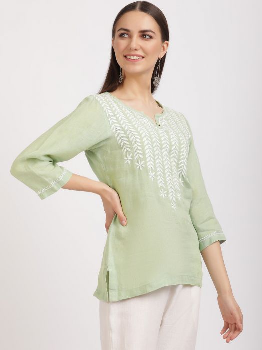 Linen Club Woman Pure Linen Mint Green  Embroidered  Tunic For Women