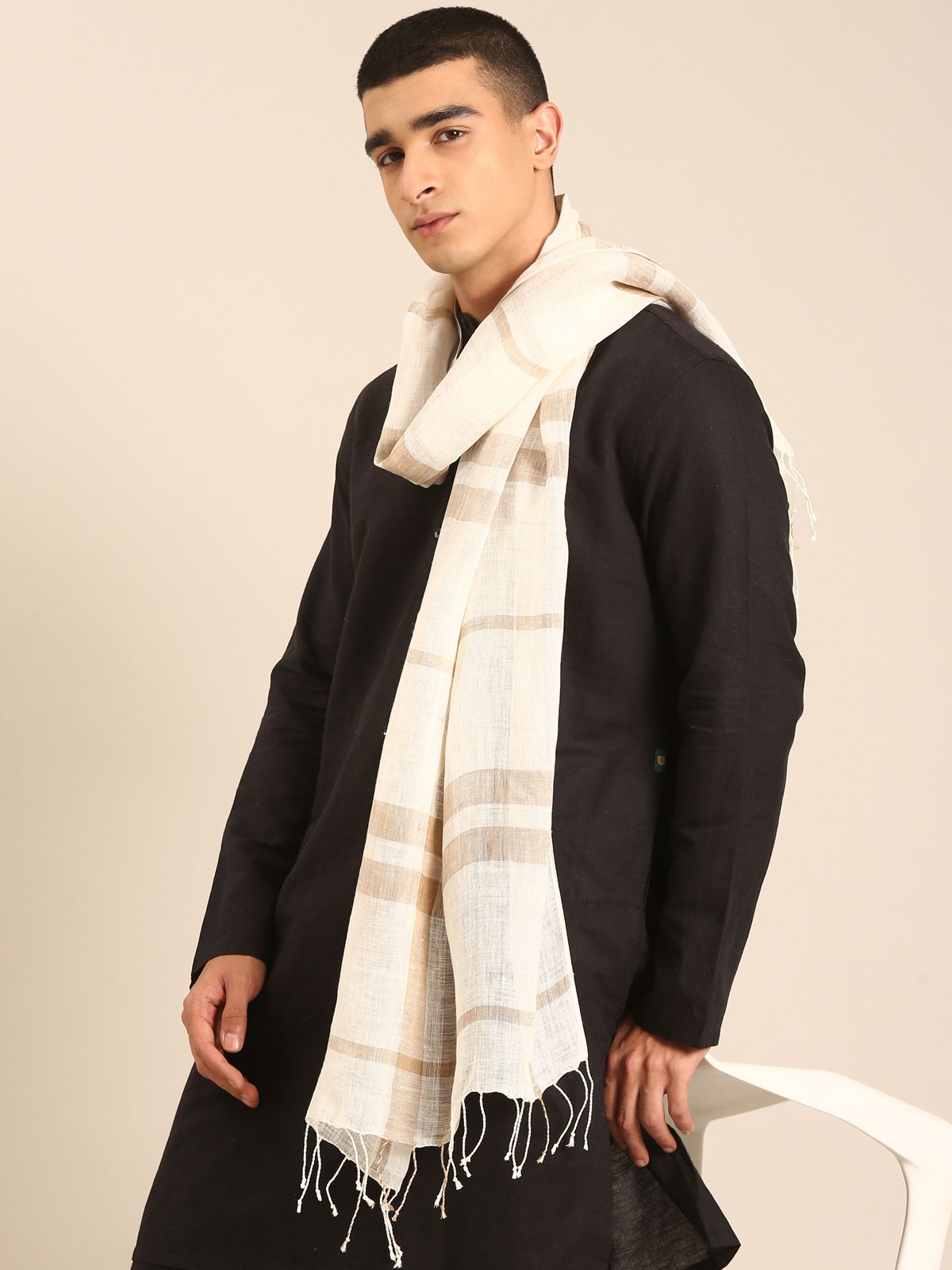 Linen Club Unisex Linen Stole Striped Off White (Size:Free)