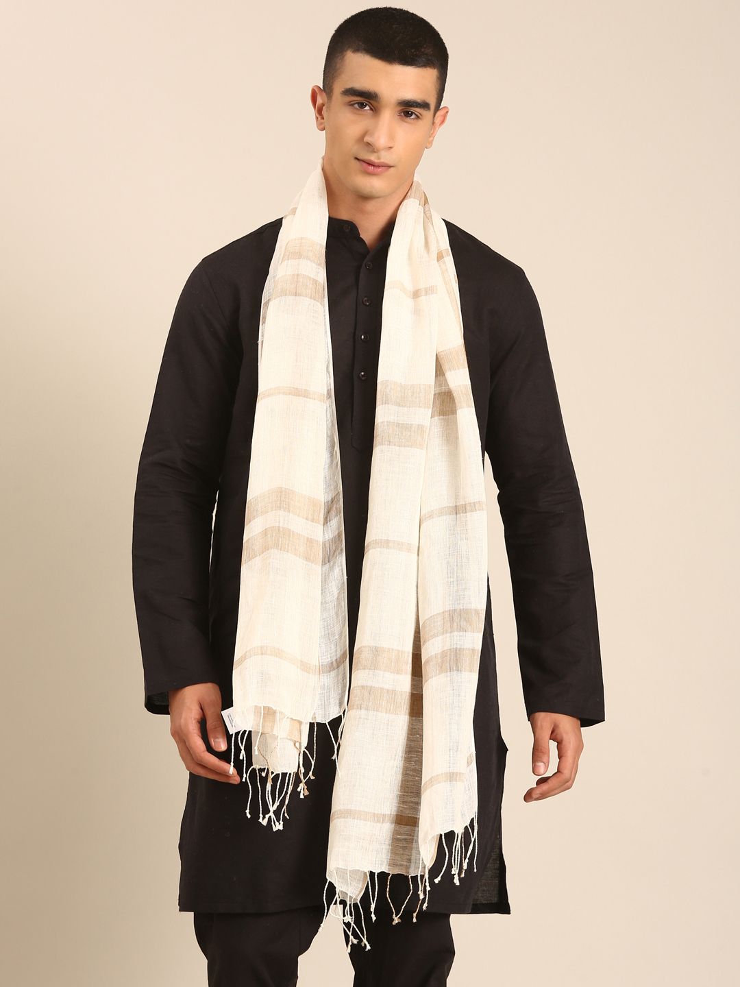 Linen Club Unisex Linen Stole Striped Off White (Size:Free)