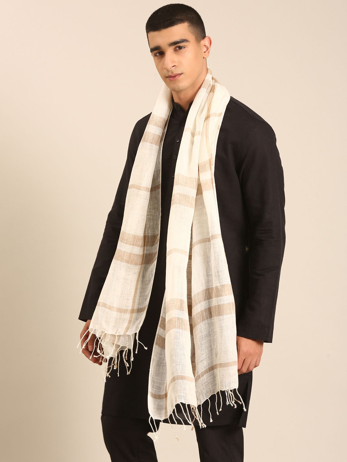 Linen Club Unisex Linen Stole Striped Off White (Size:Free)