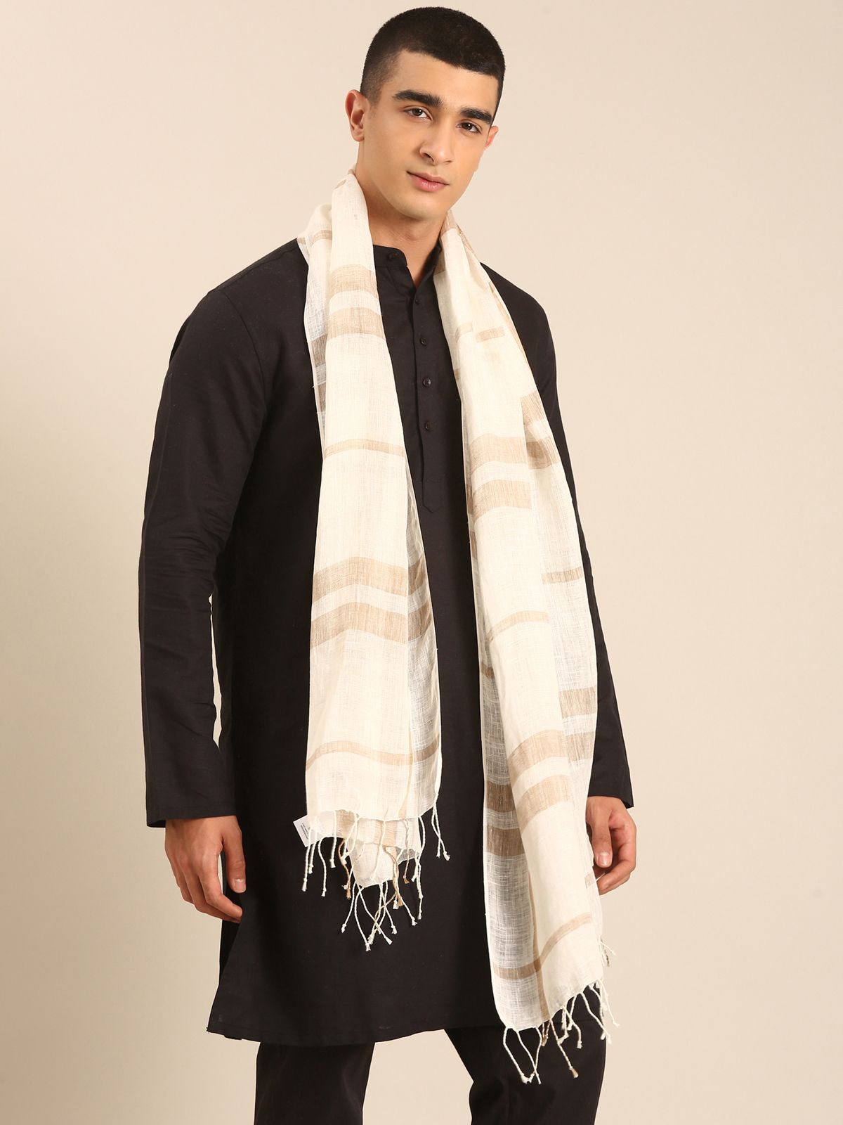Linen Club Unisex Linen Stole Striped Off White (Size:Free)