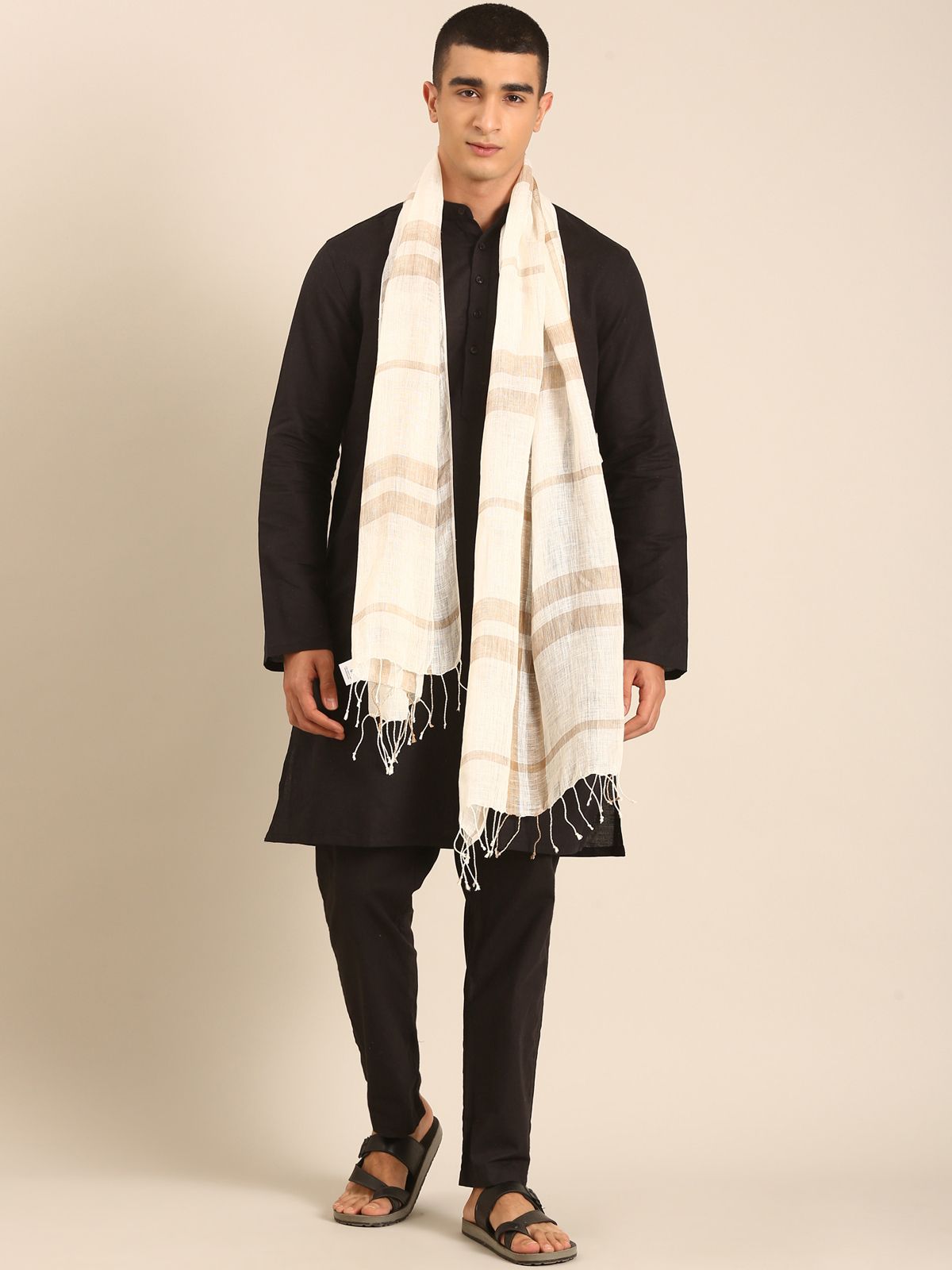 Linen Club Unisex Linen Stole Striped Off White (Size:Free)