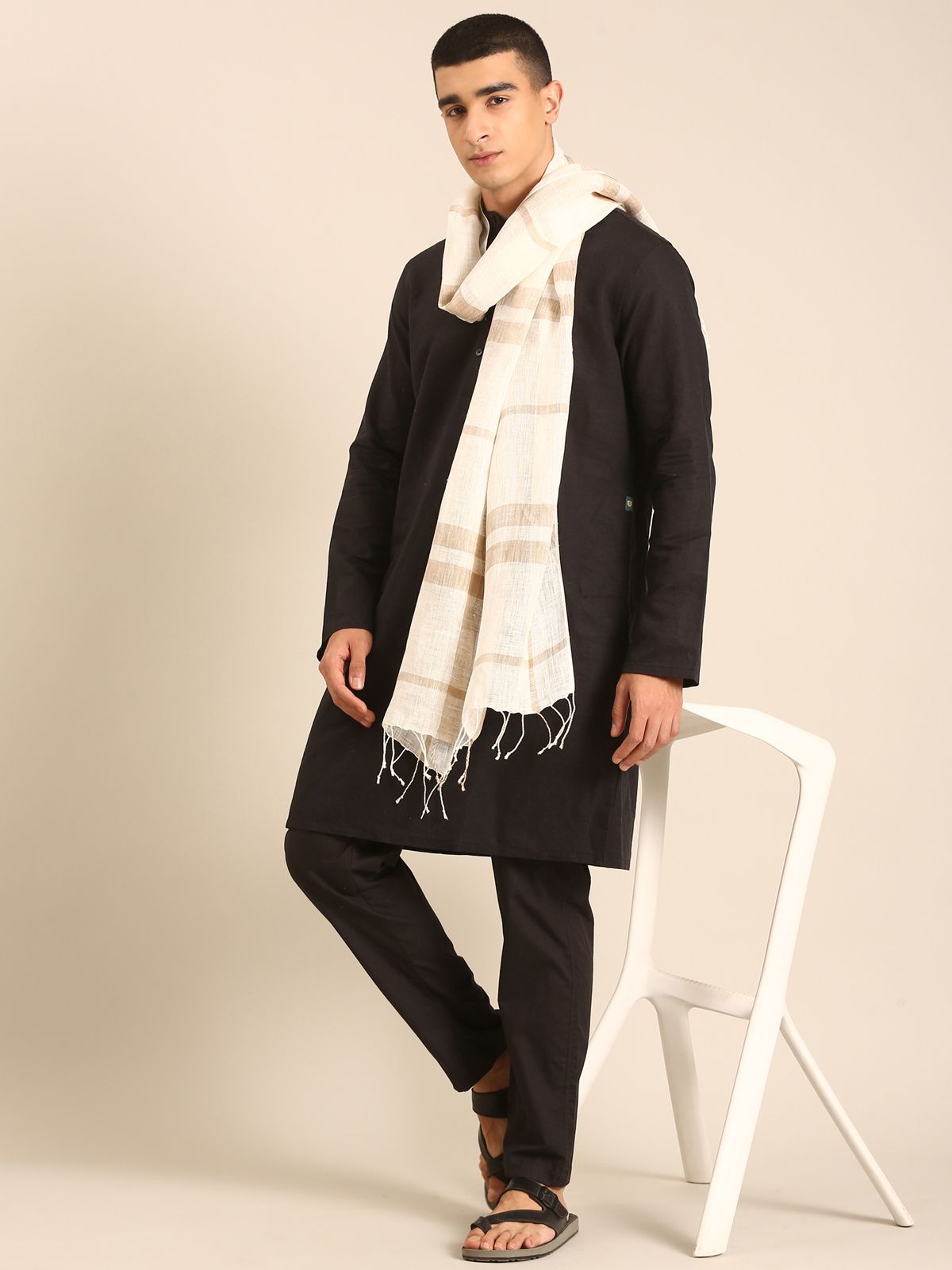 Linen Club Unisex Linen Stole Striped Off White (Size:Free)