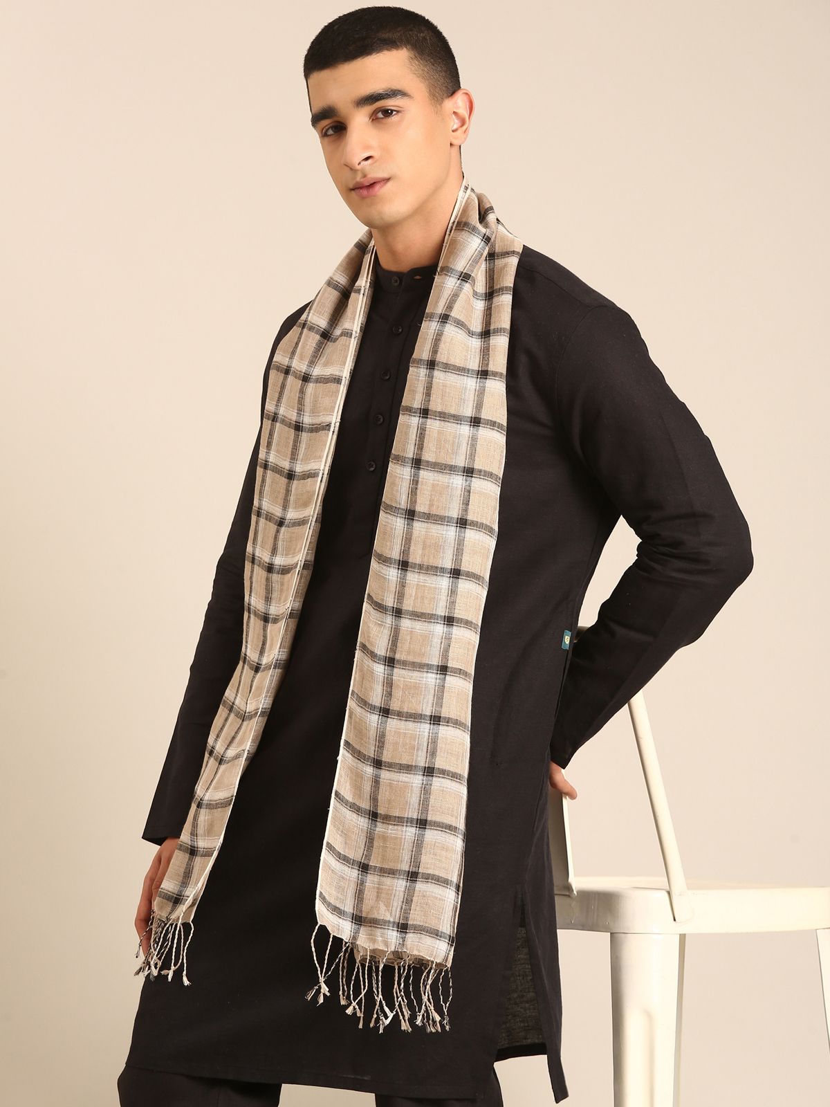 Linen Club Unisex Linen Stole Checkered Beige (Size:Free)