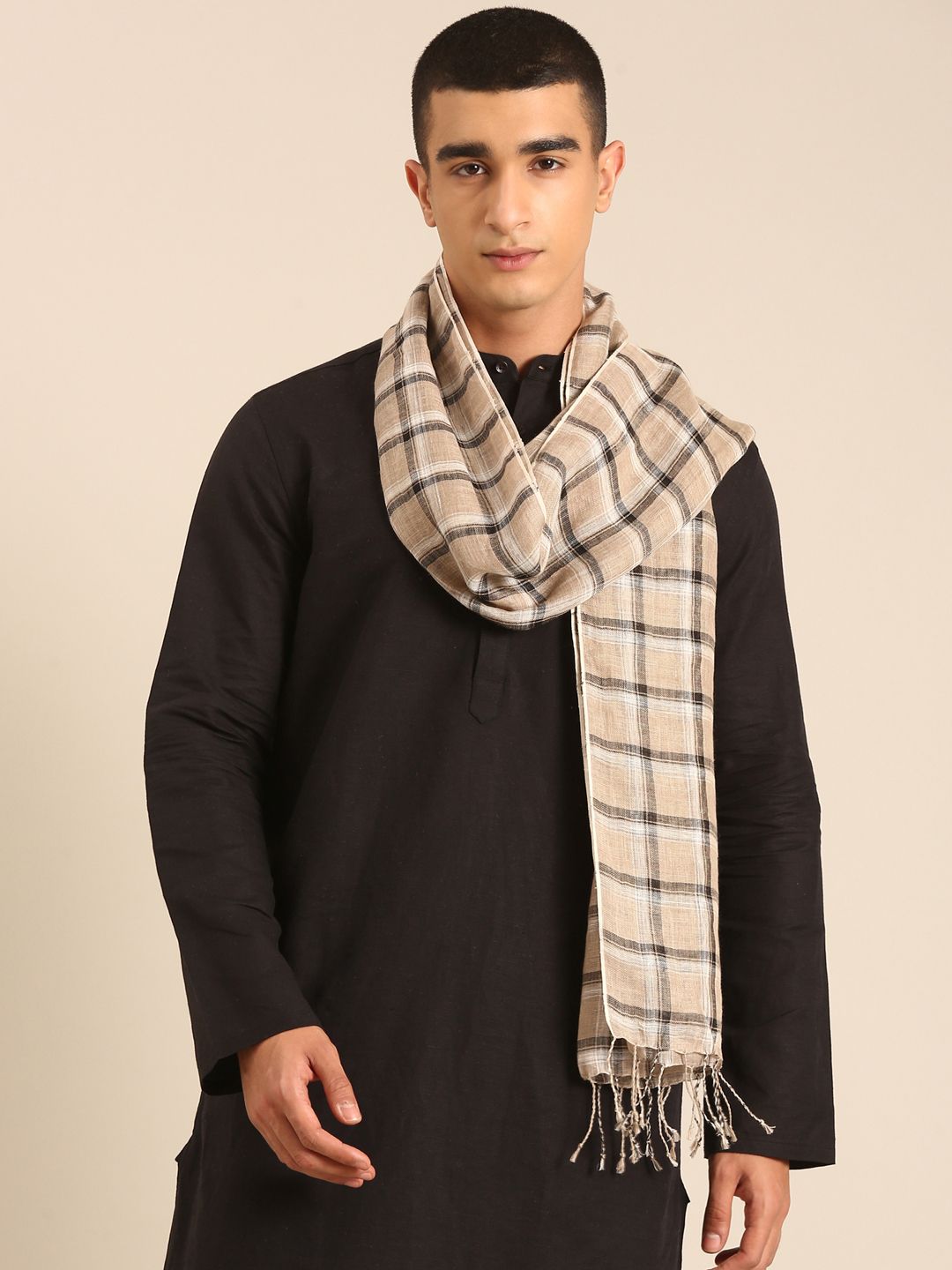 Linen Club Unisex Linen Stole Checkered Beige (Size:Free)