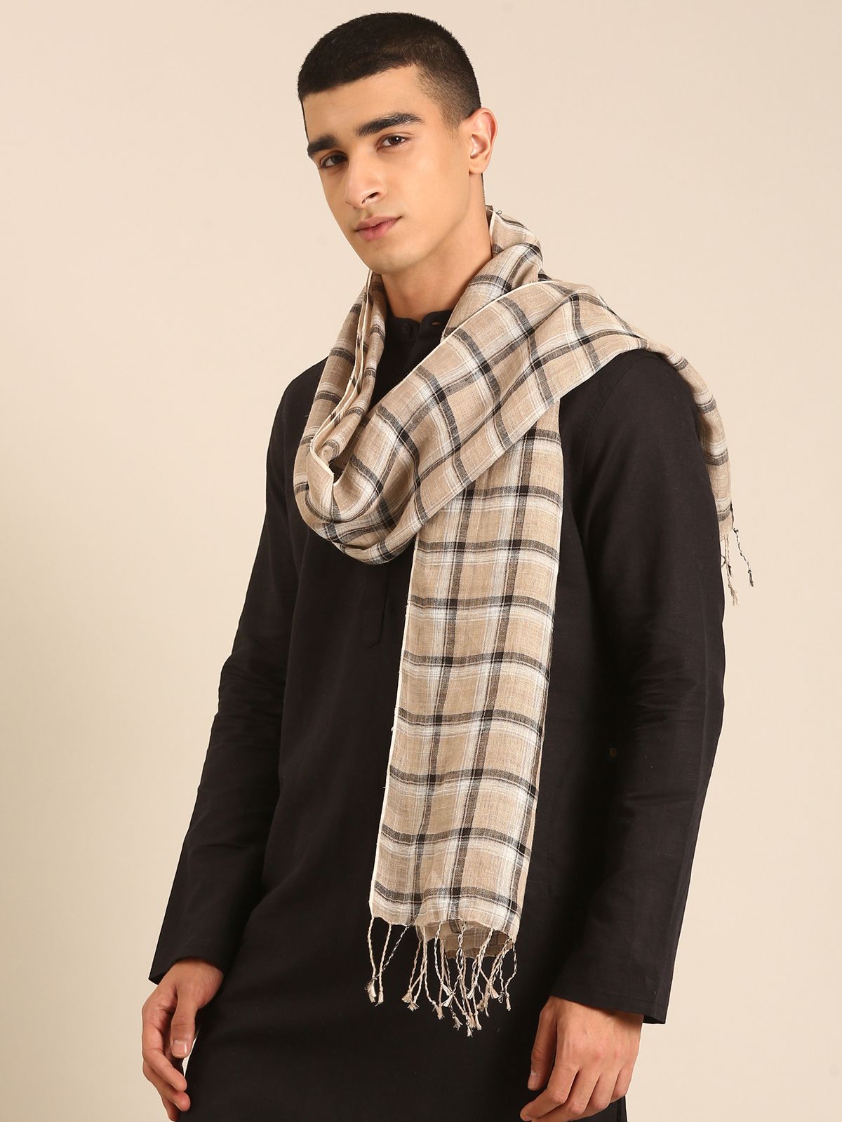 Linen Club Unisex Linen Stole Checkered Beige (Size:Free)