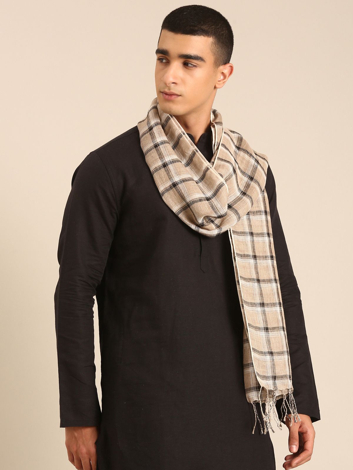 Linen Club Unisex Linen Stole Checkered Beige (Size:Free)