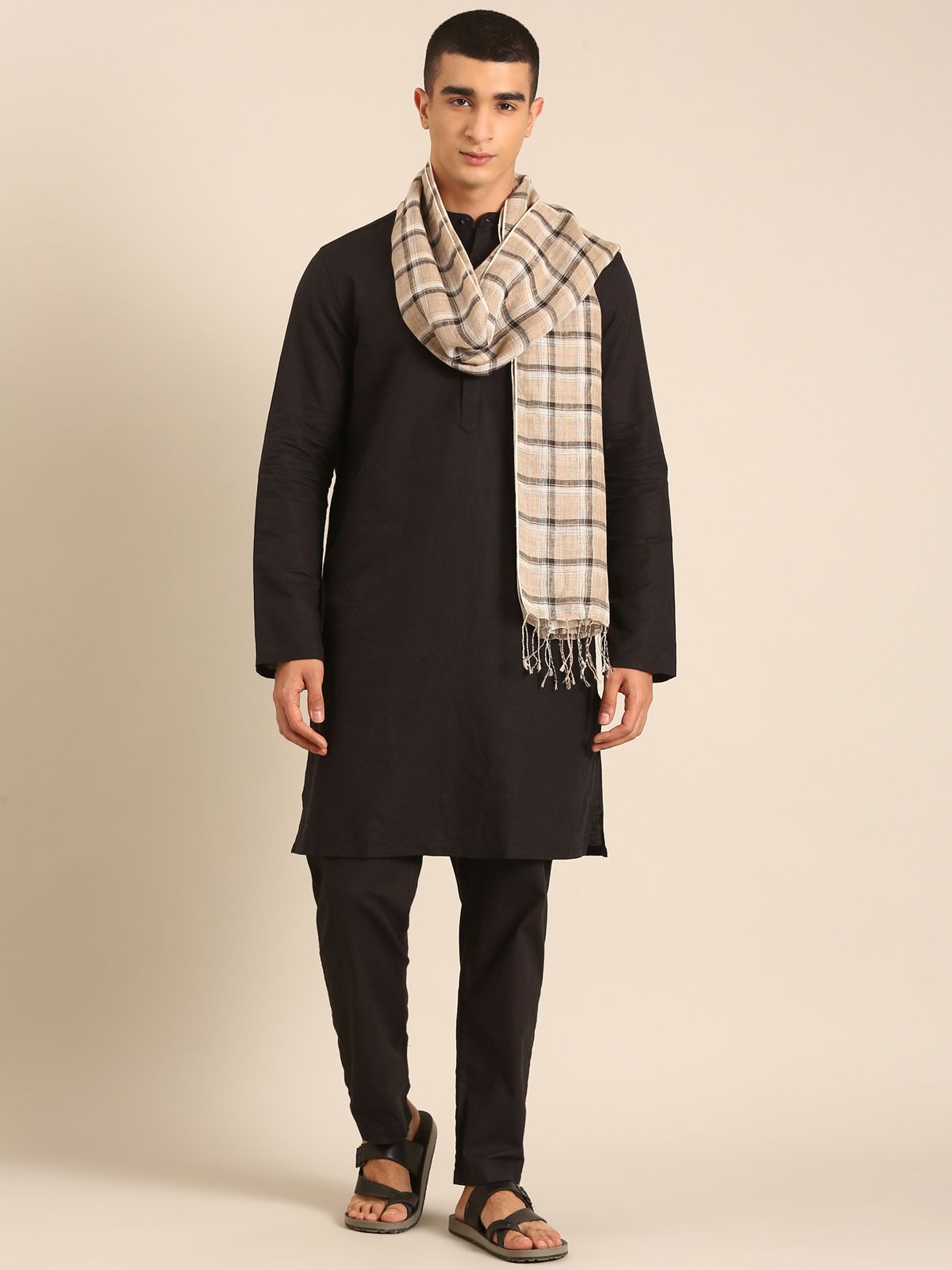 Linen Club Unisex Linen Stole Checkered Beige (Size:Free)
