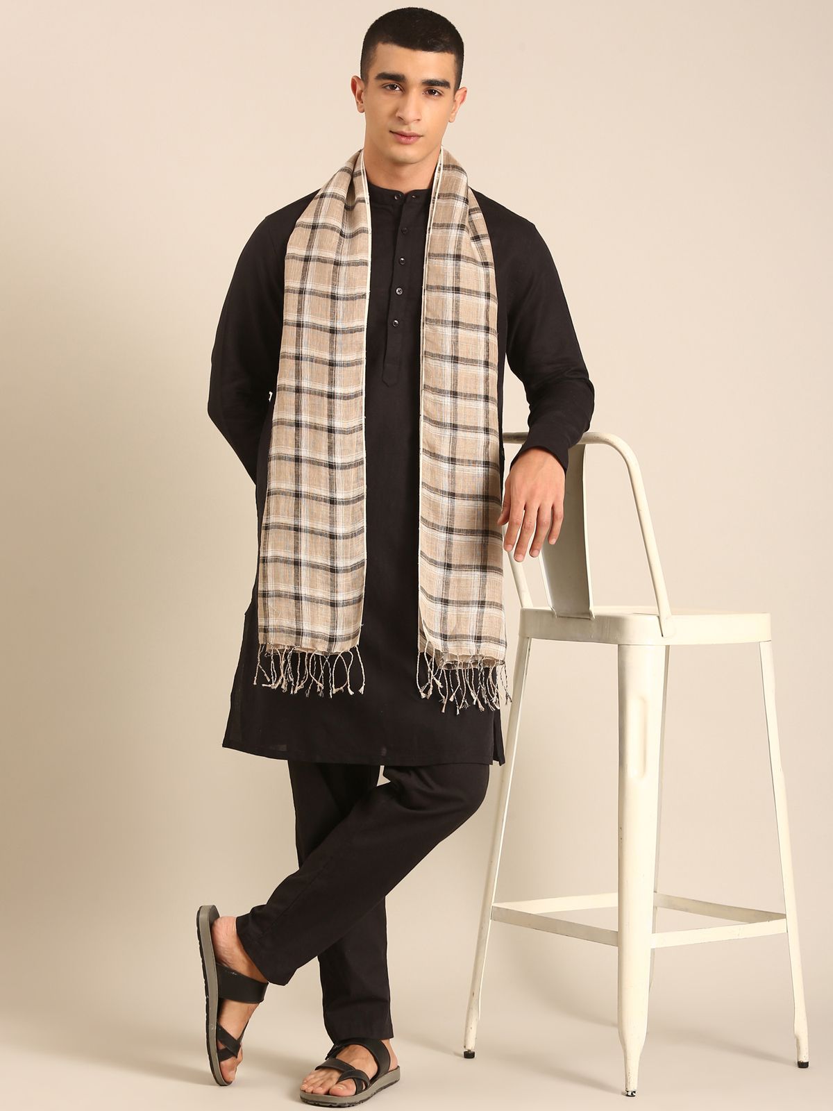 Linen Club Unisex Linen Stole Checkered Beige (Size:Free)