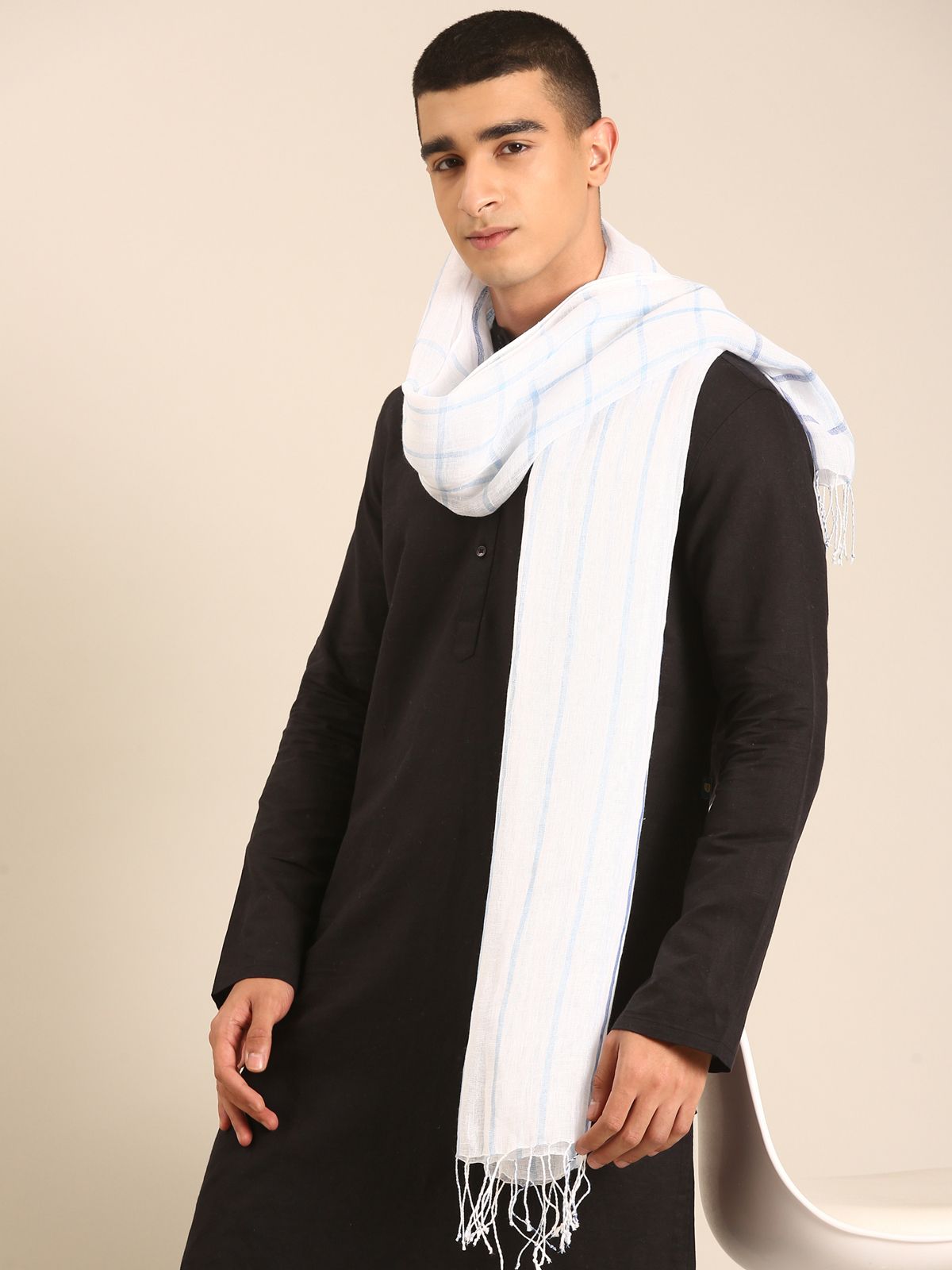 Linen Club Unisex Linen Stole Checkered White (Size:Free)