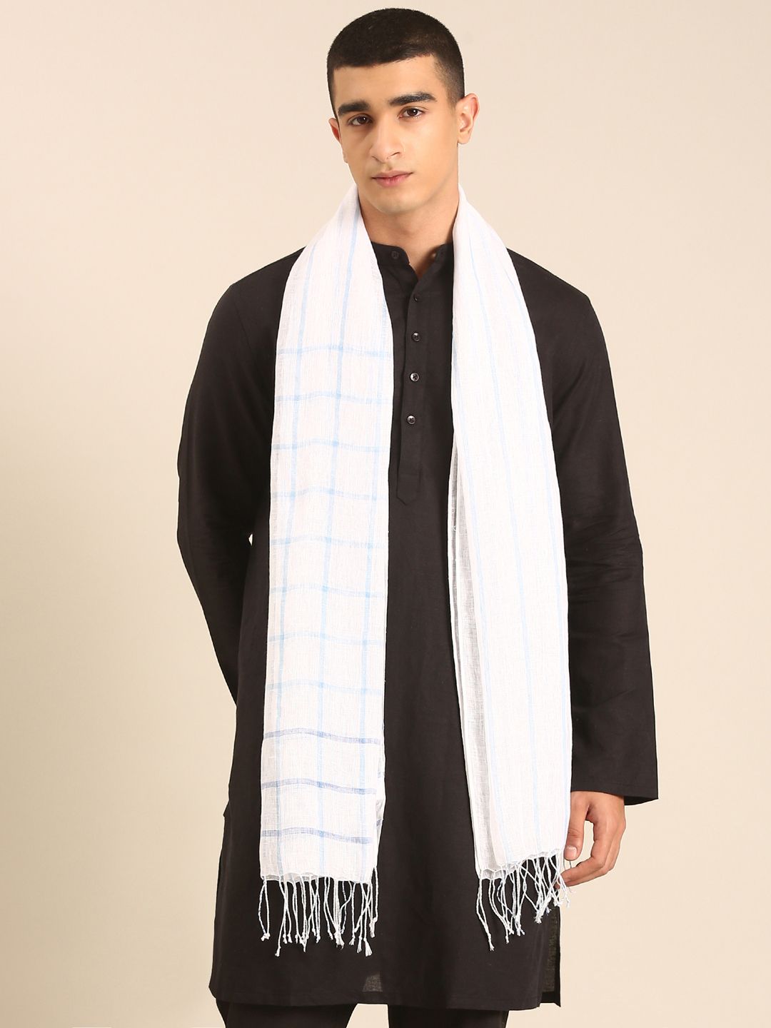 Linen Club Unisex Linen Stole Checkered White (Size:Free)