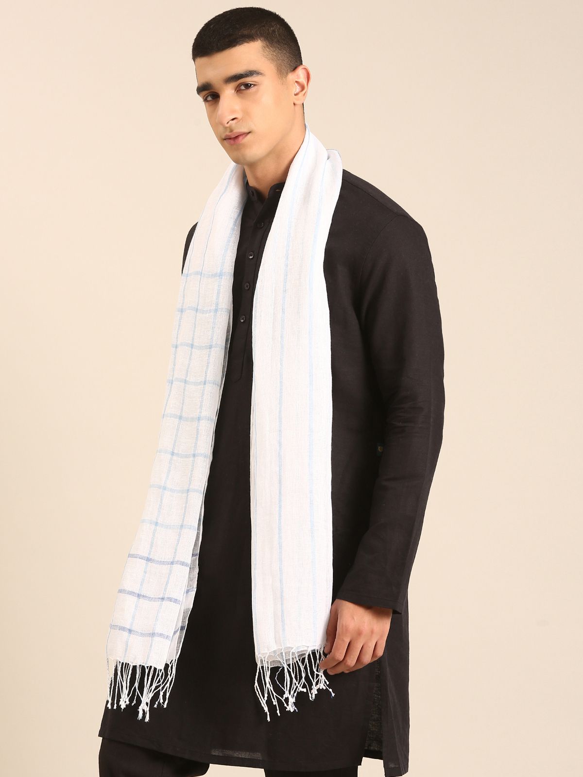 Linen Club Unisex Linen Stole Checkered White (Size:Free)