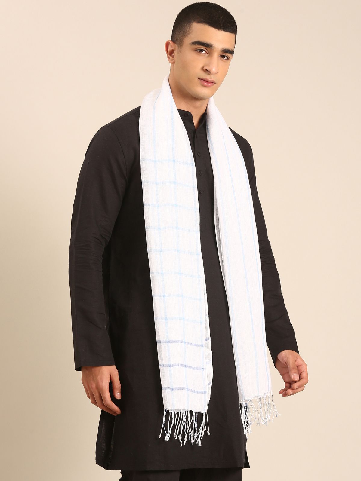 Linen Club Unisex Linen Stole Checkered White (Size:Free)