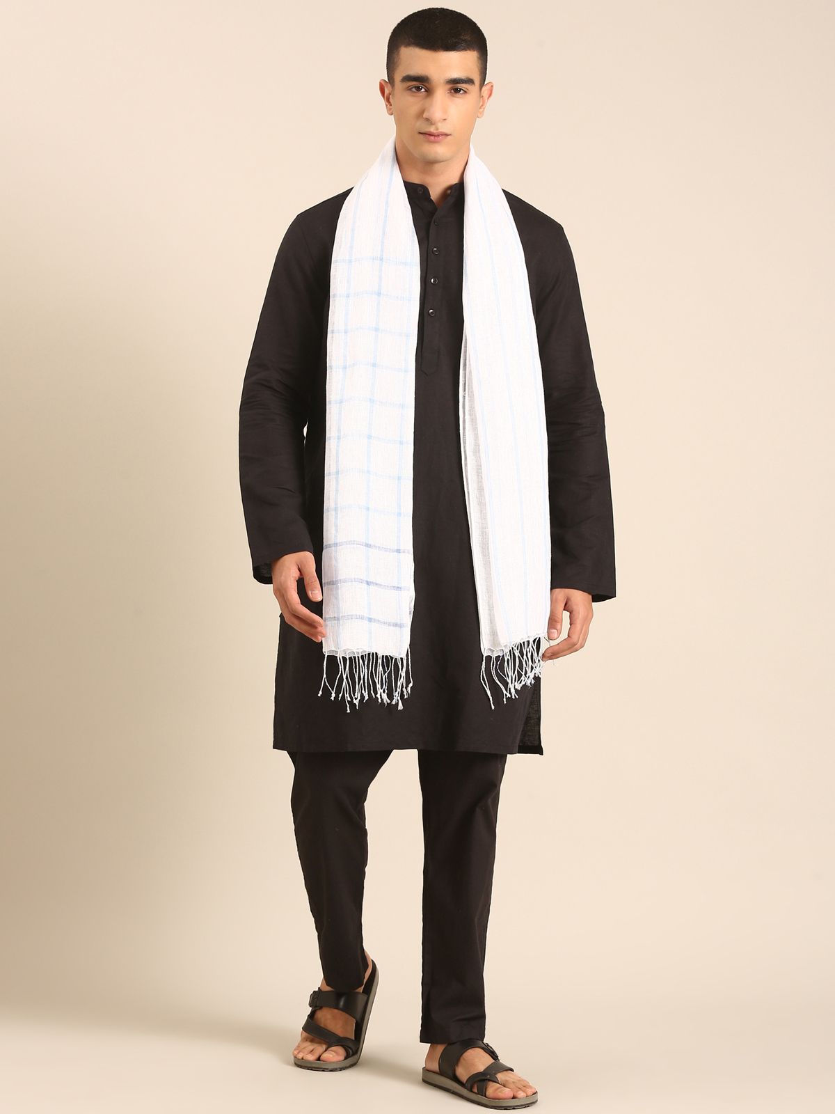 Linen Club Unisex Linen Stole Checkered White (Size:Free)
