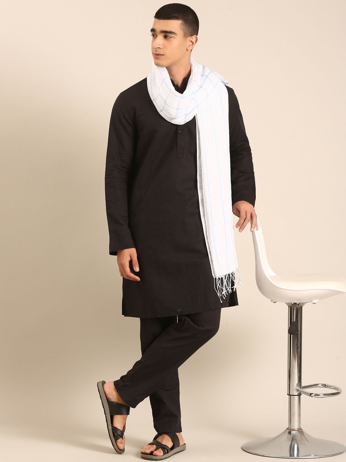 Linen Club Unisex Linen Stole Checkered White (Size:Free)