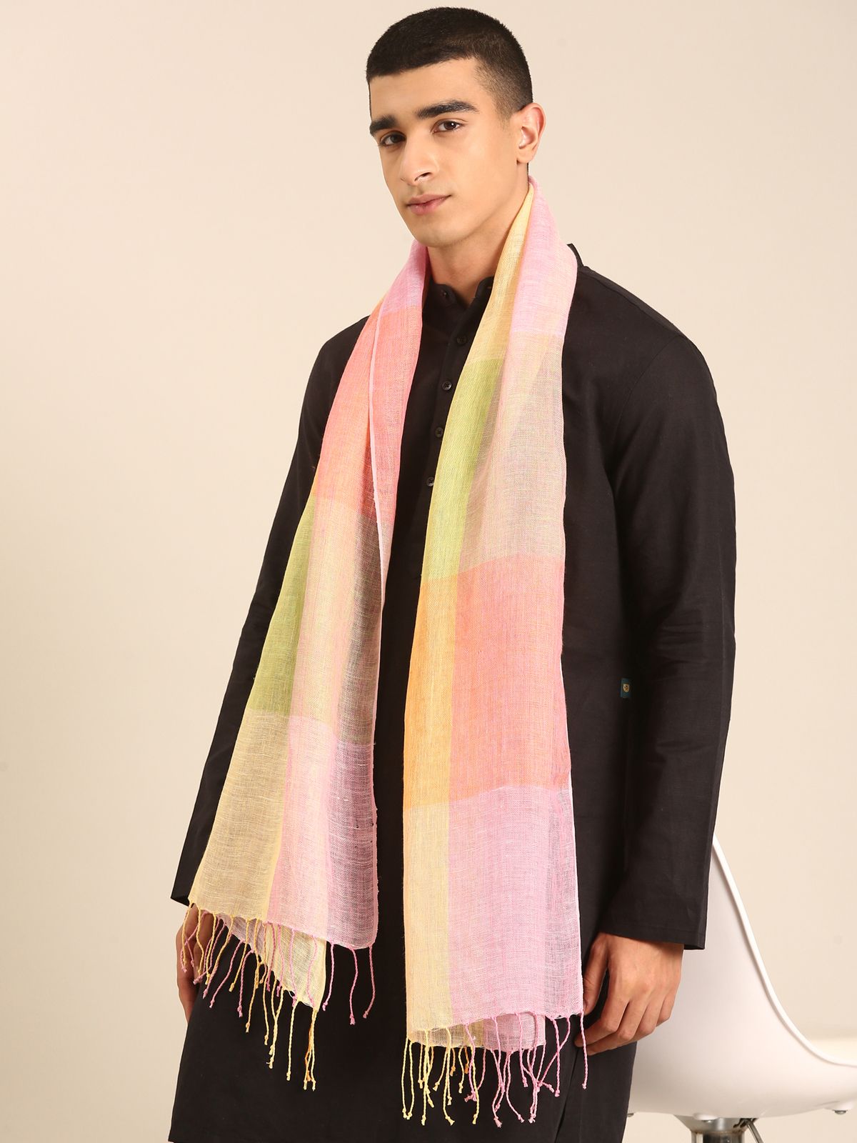 Linen Club Unisex Linen Stole Checkered Light Orange (Size:Free)