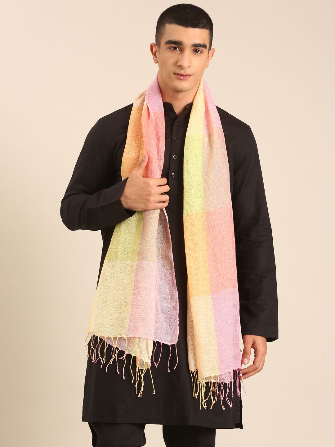 Linen Club Unisex Linen Stole Checkered Light Orange (Size:Free)