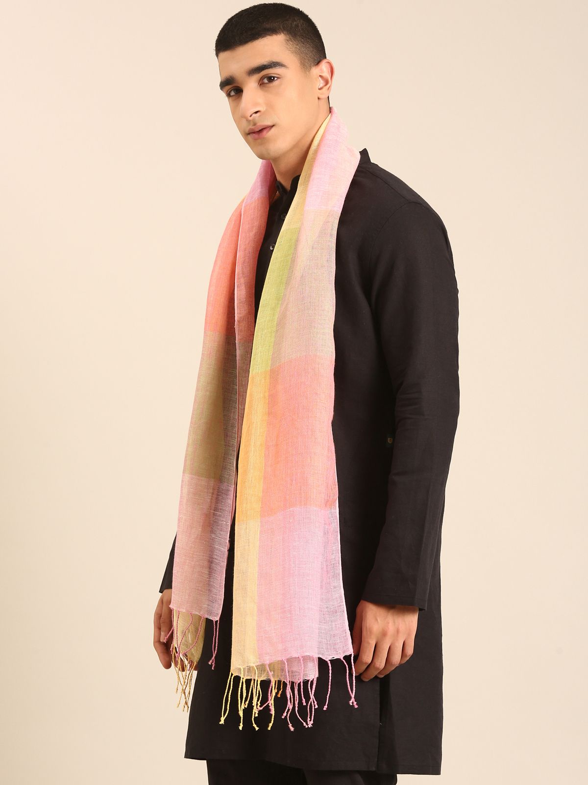 Linen Club Unisex Linen Stole Checkered Light Orange (Size:Free)