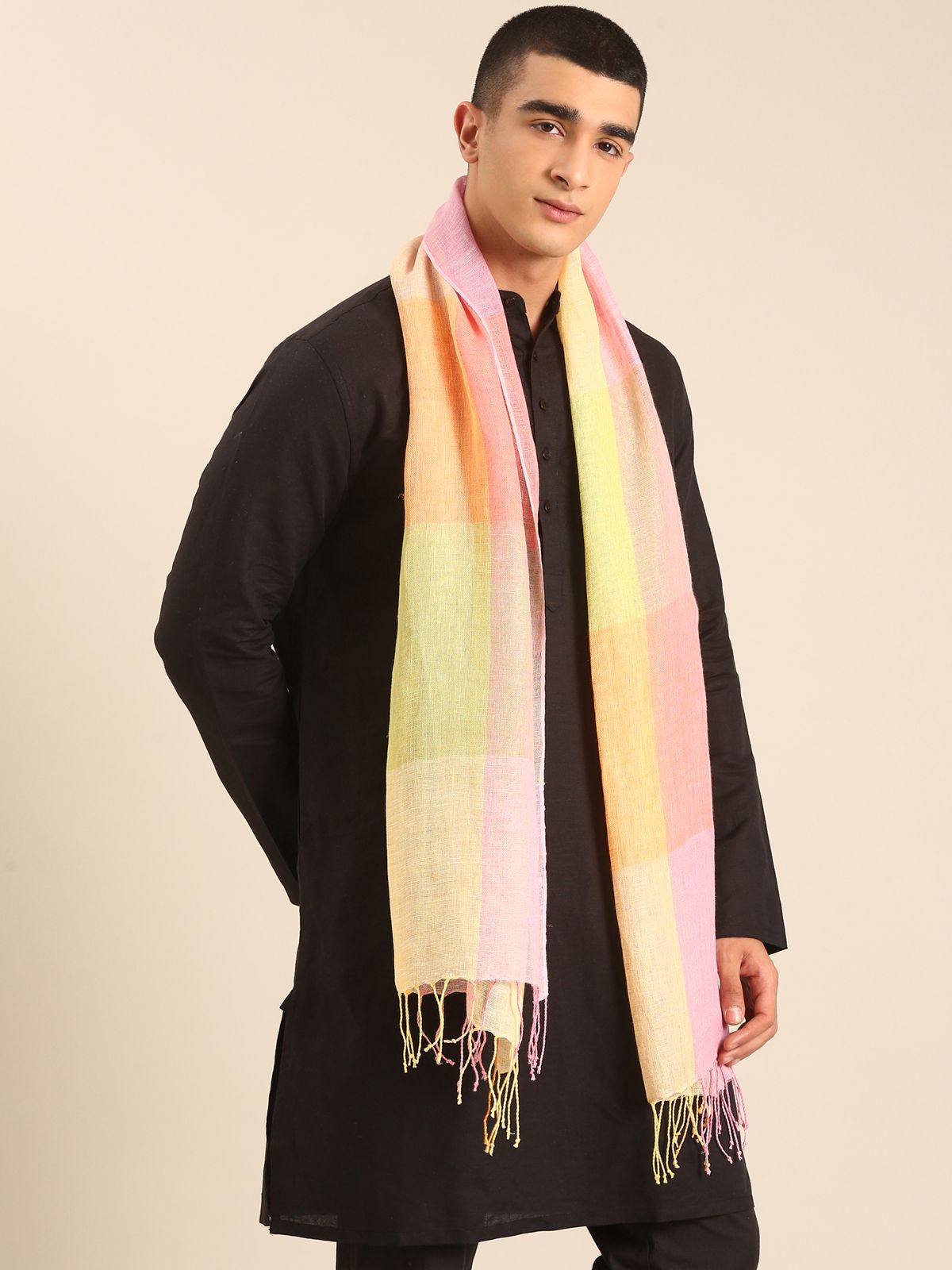 Linen Club Unisex Linen Stole Checkered Light Orange (Size:Free)