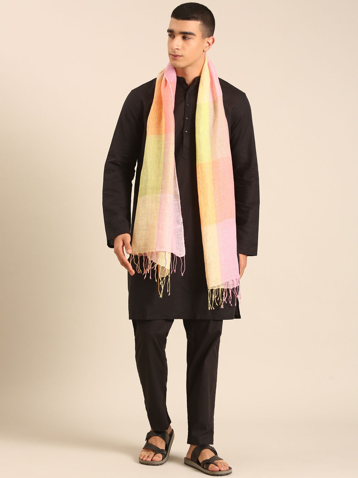Linen Club Unisex Linen Stole Checkered Light Orange (Size:Free)