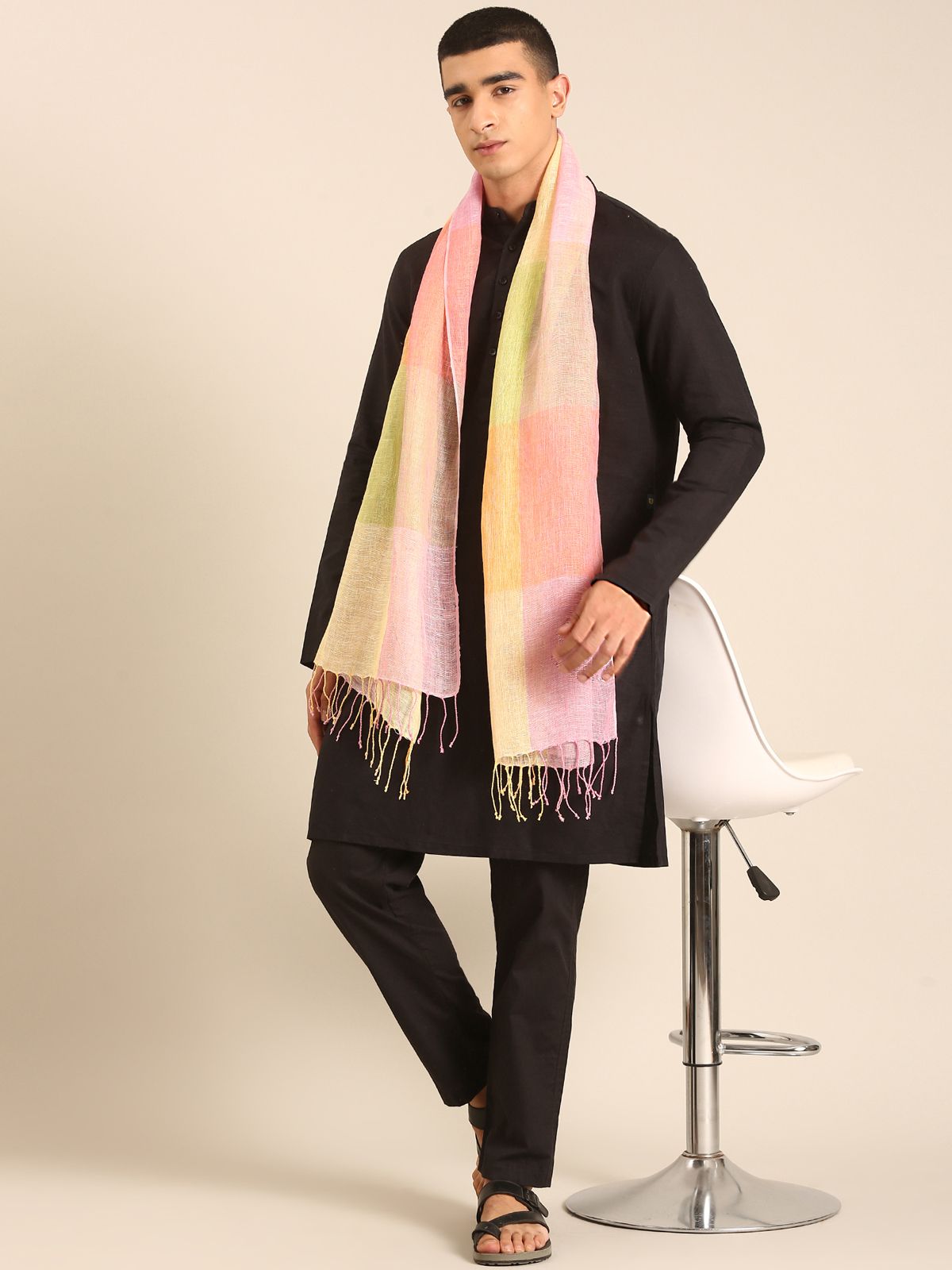 Linen Club Unisex Linen Stole Checkered Light Orange (Size:Free)