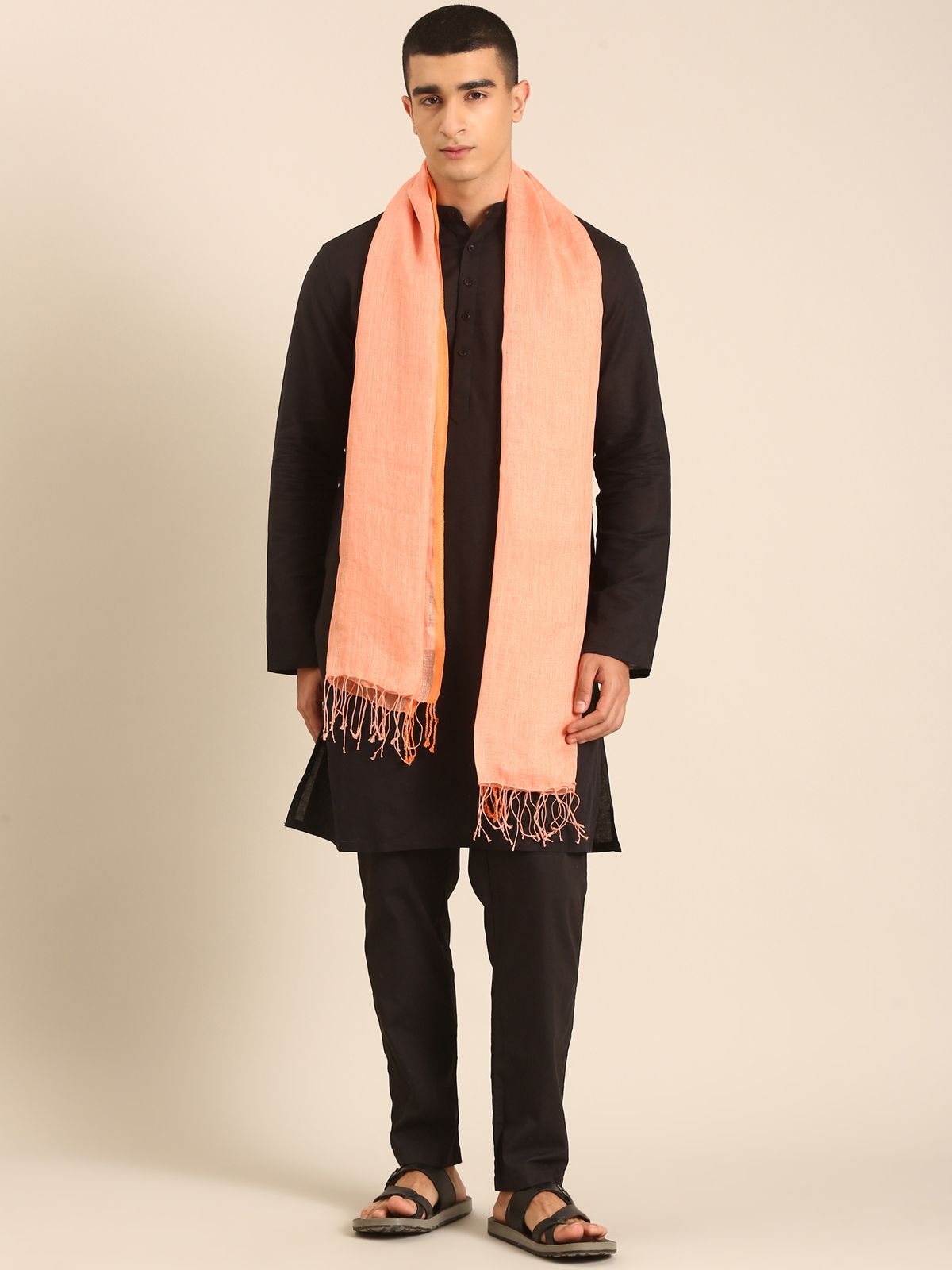 Linen Club Unisex Linen Stole Solid Orange (Size:Free)