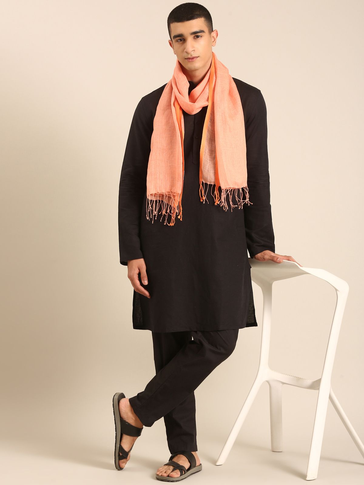 Linen Club Unisex Linen Stole Solid Orange (Size:Free)