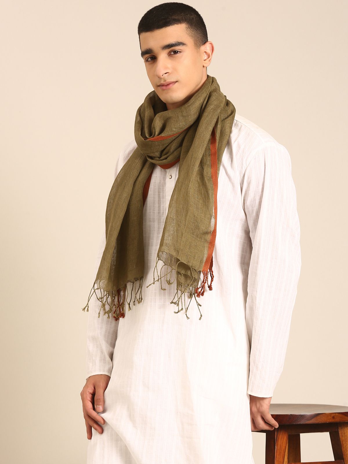 Linen Club Unisex Linen Stole Solid Olive Green (Size:Free)
