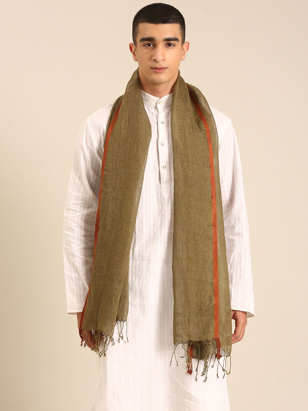 Linen Club Unisex Linen Stole Solid Olive Green (Size:Free)
