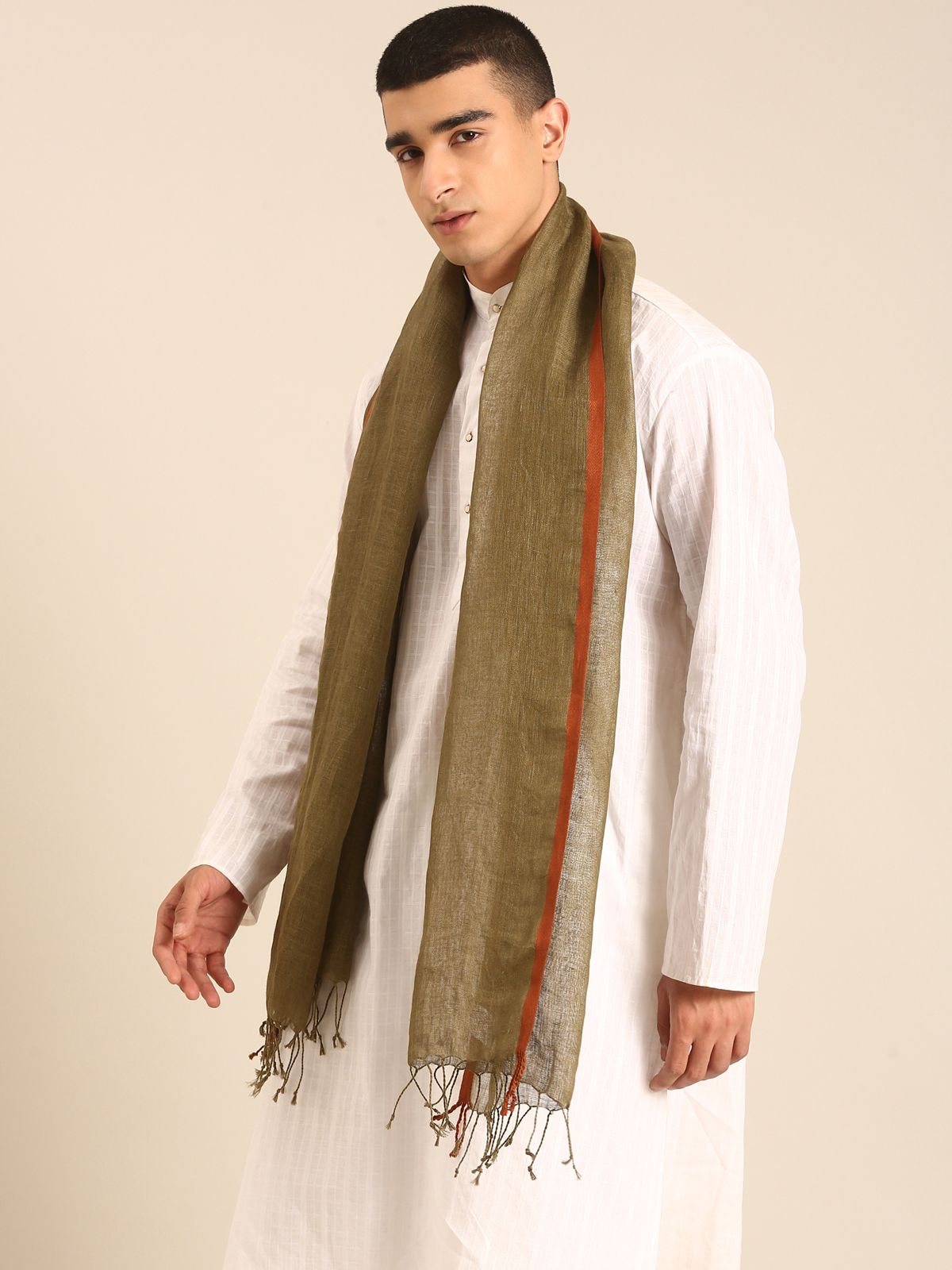 Linen Club Unisex Linen Stole Solid Olive Green (Size:Free)