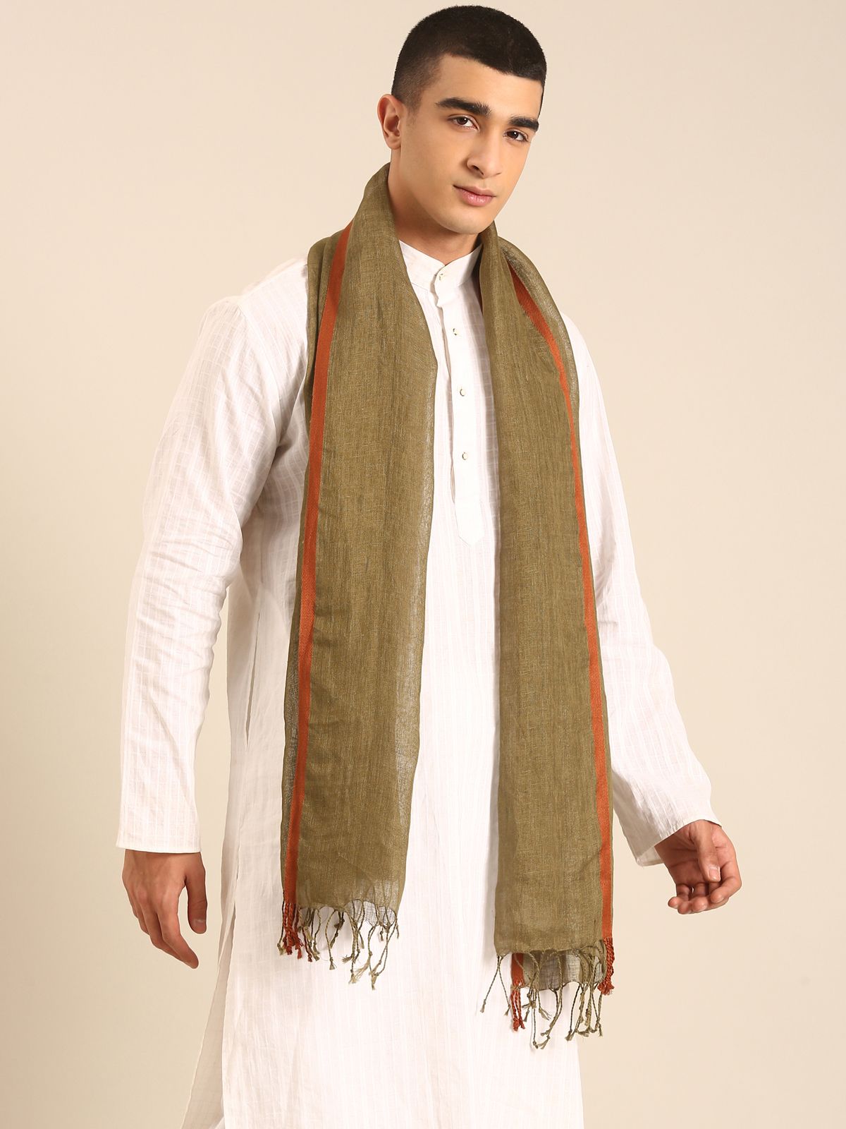 Linen Club Unisex Linen Stole Solid Olive Green (Size:Free)