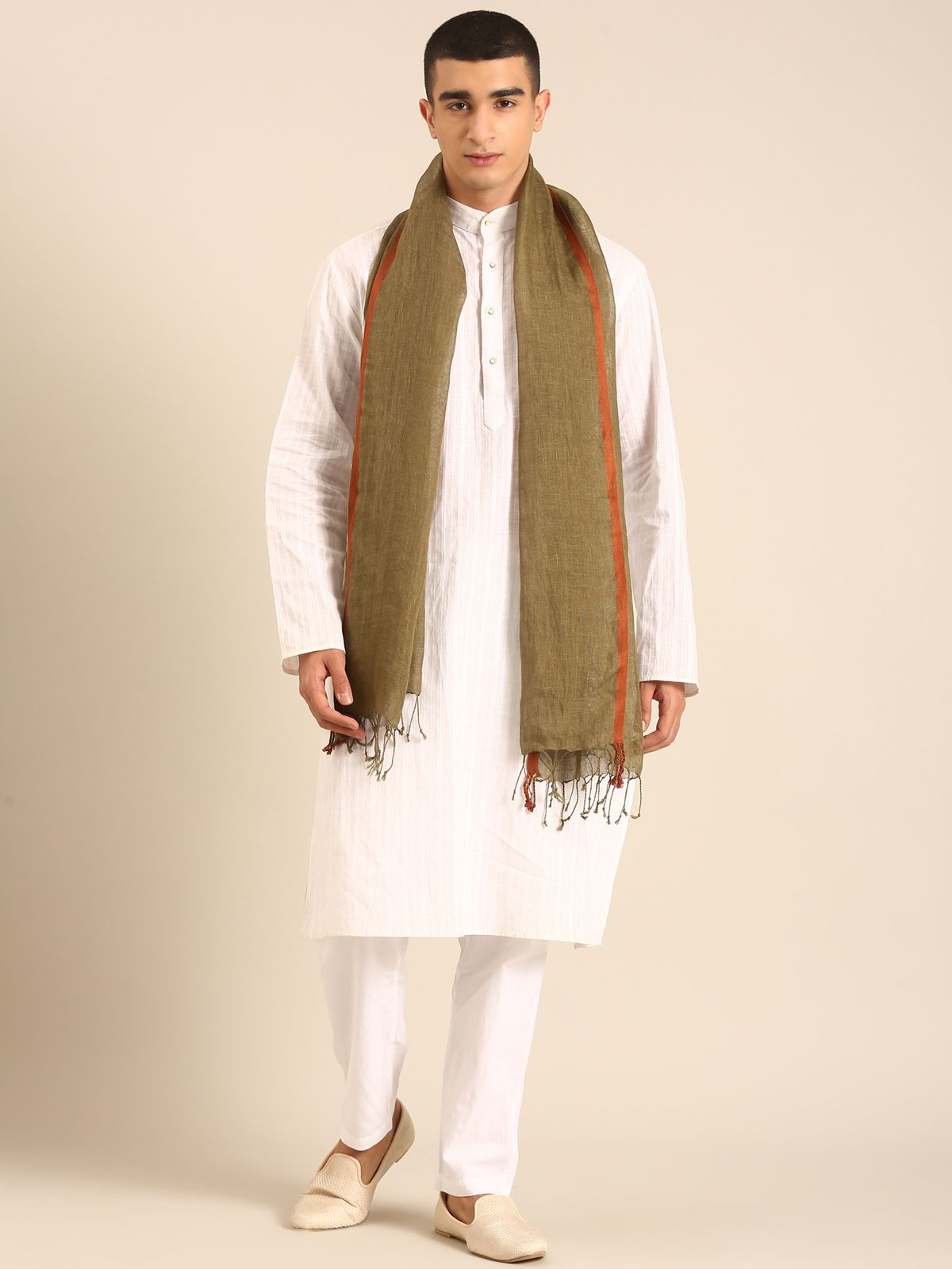 Linen Club Unisex Linen Stole Solid Olive Green (Size:Free)