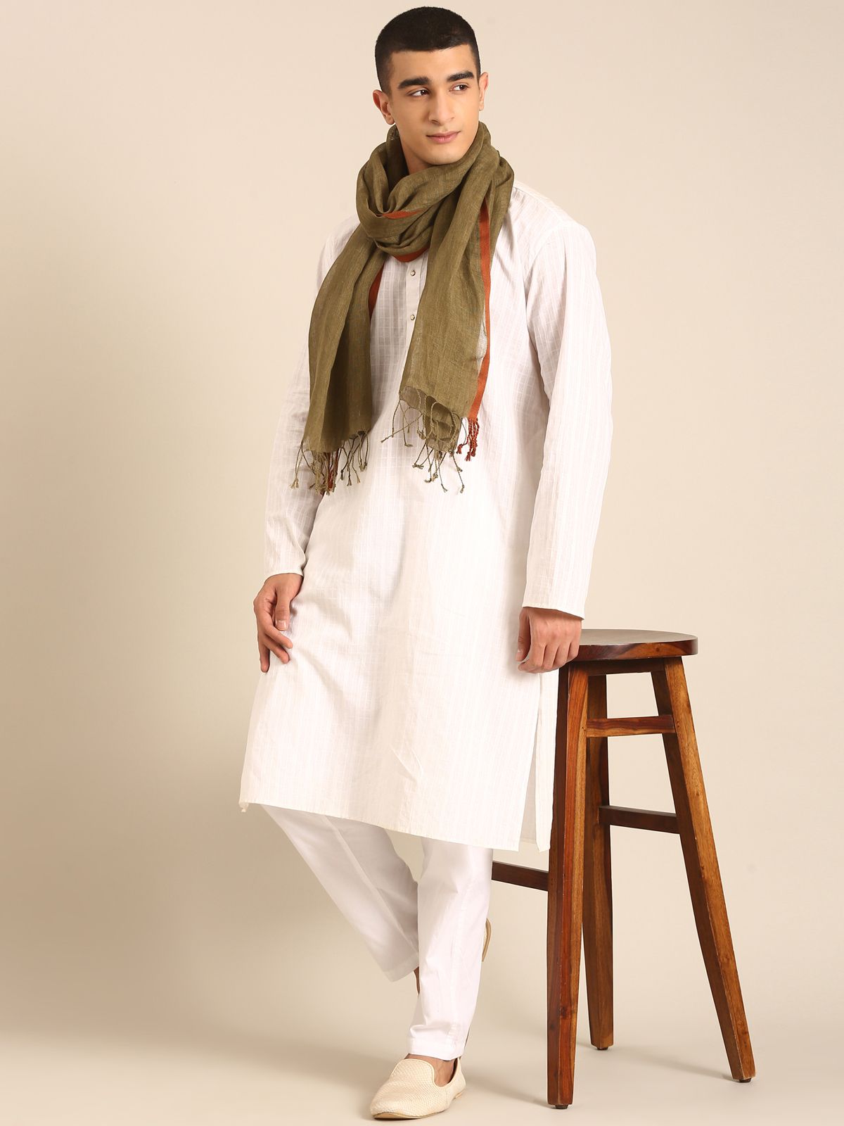 Linen Club Unisex Linen Stole Solid Olive Green (Size:Free)