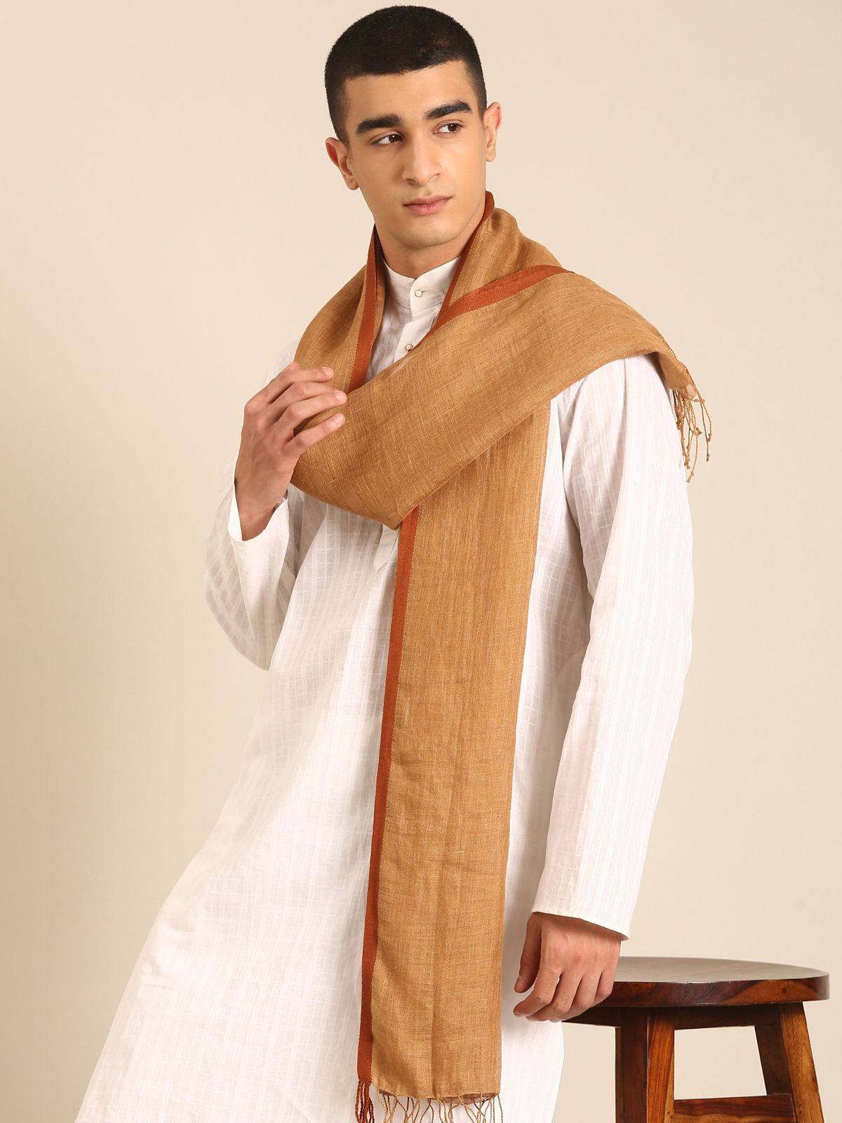 Linen Club Unisex Linen Stole Solid Light Brown (Size:Free)