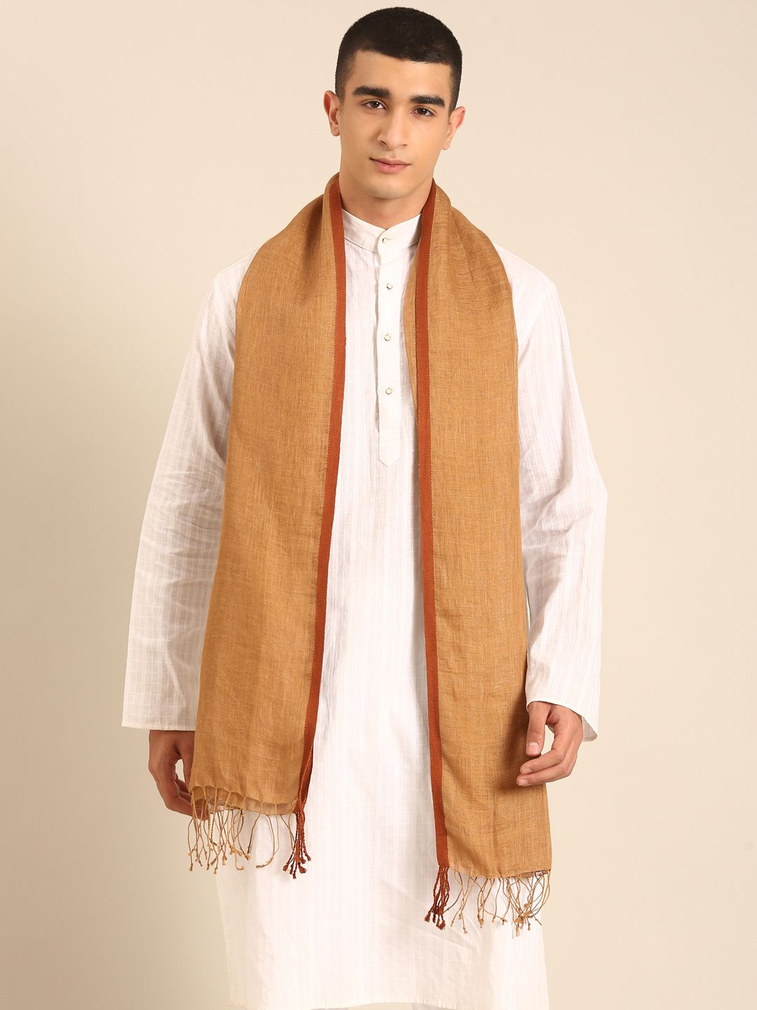 Linen Club Unisex Linen Stole Solid Light Brown (Size:Free)