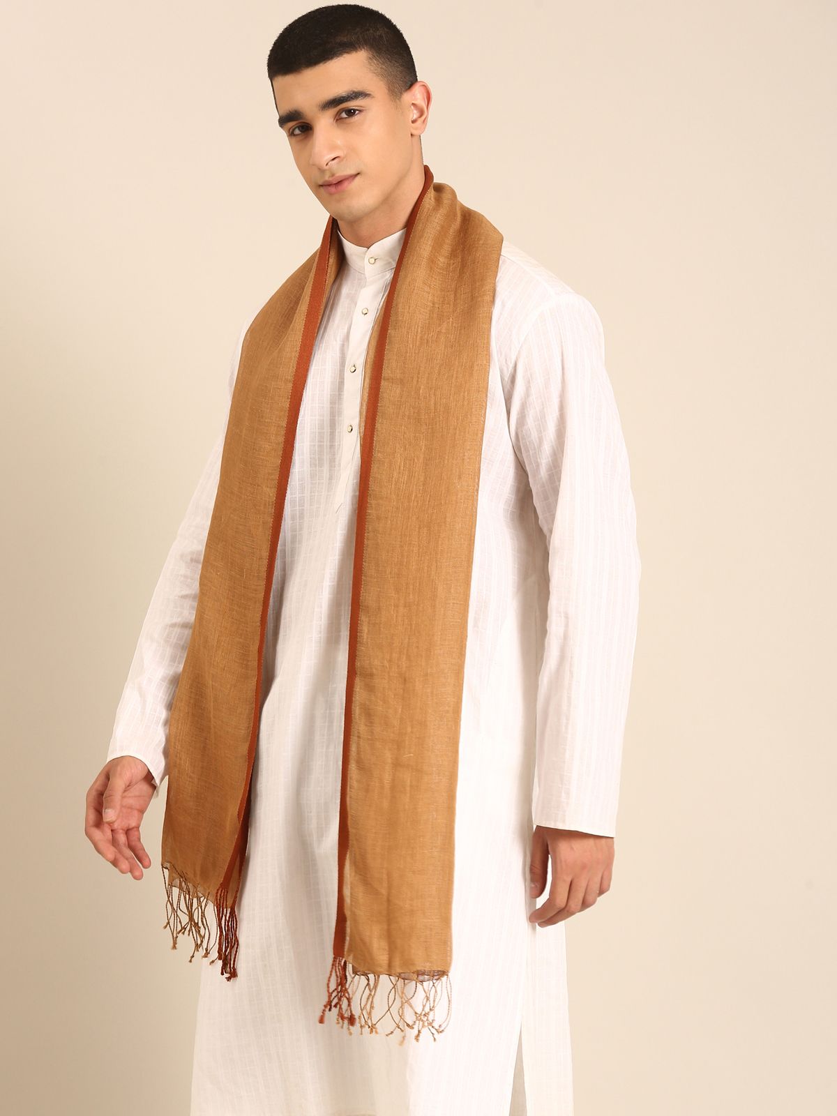 Linen Club Unisex Linen Stole Solid Light Brown (Size:Free)