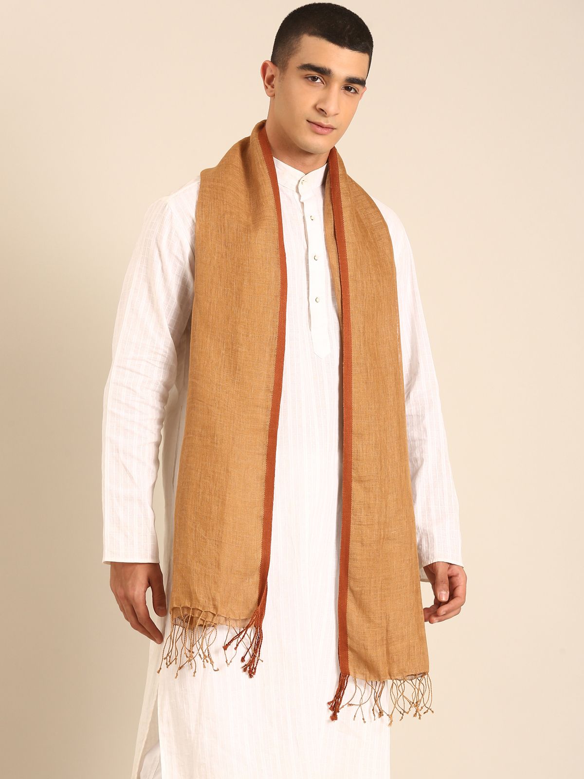 Linen Club Unisex Linen Stole Solid Light Brown (Size:Free)