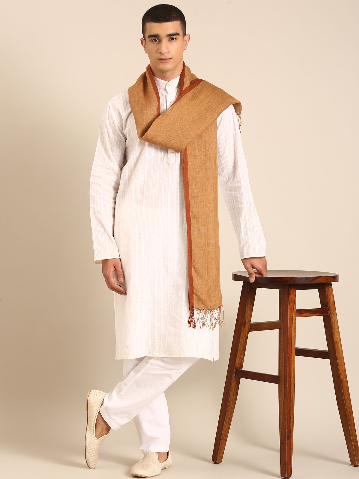 Linen Club Unisex Linen Stole Solid Light Brown (Size:Free)