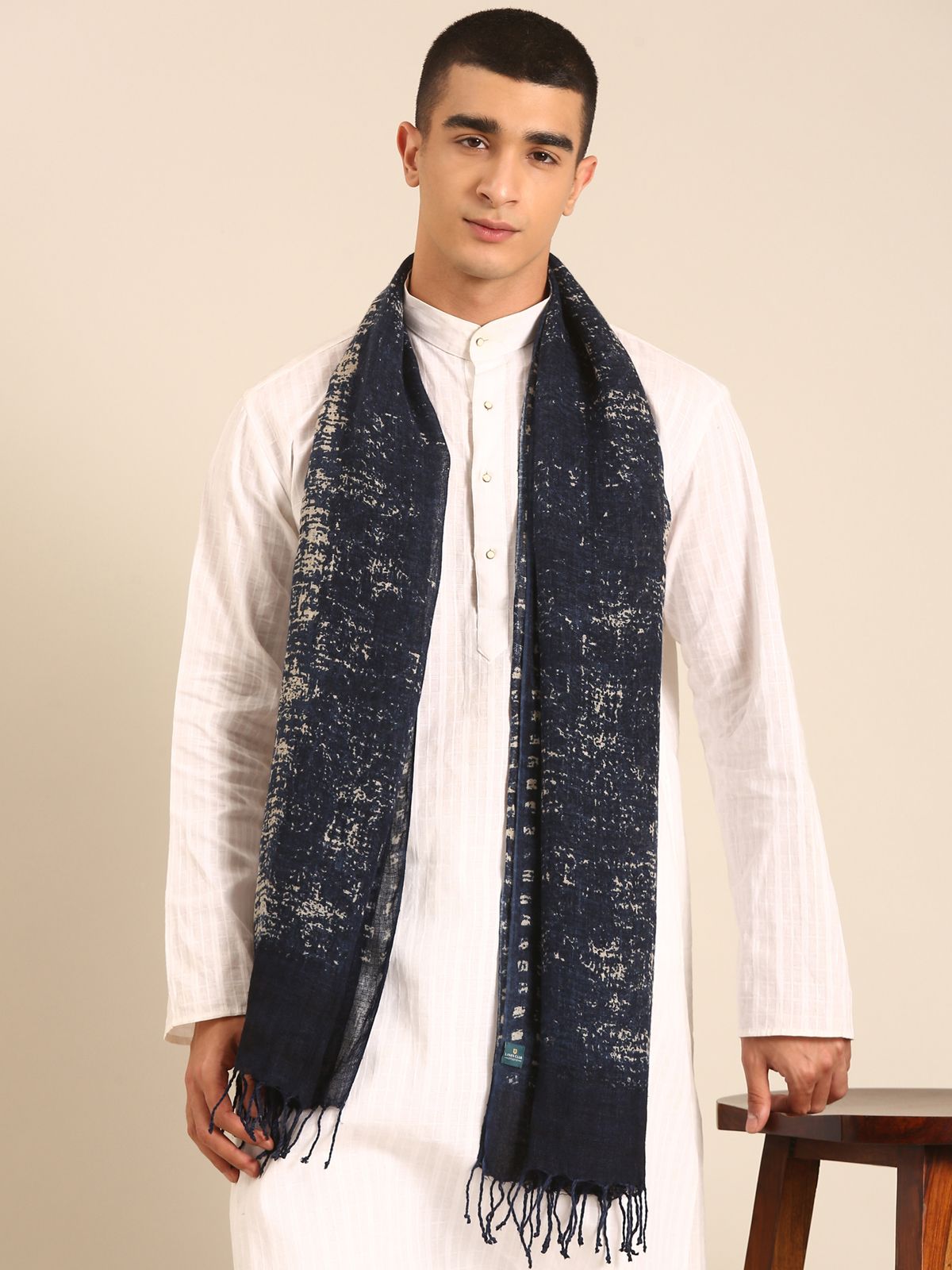 Linen Club Unisex Linen Stole Plaid Dark Navy Blue (Size:Free)