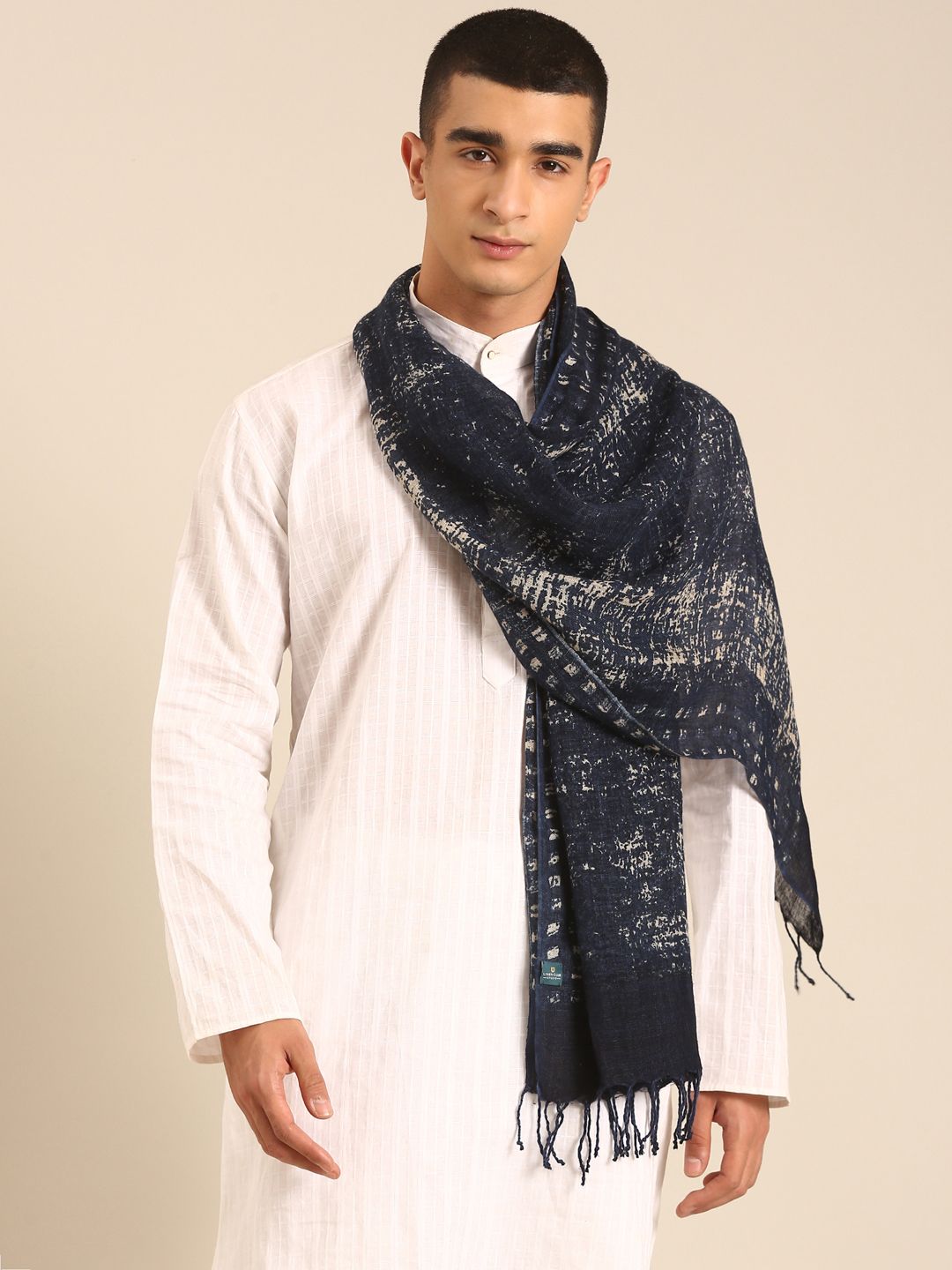 Linen Club Unisex Linen Stole Plaid Dark Navy Blue (Size:Free)