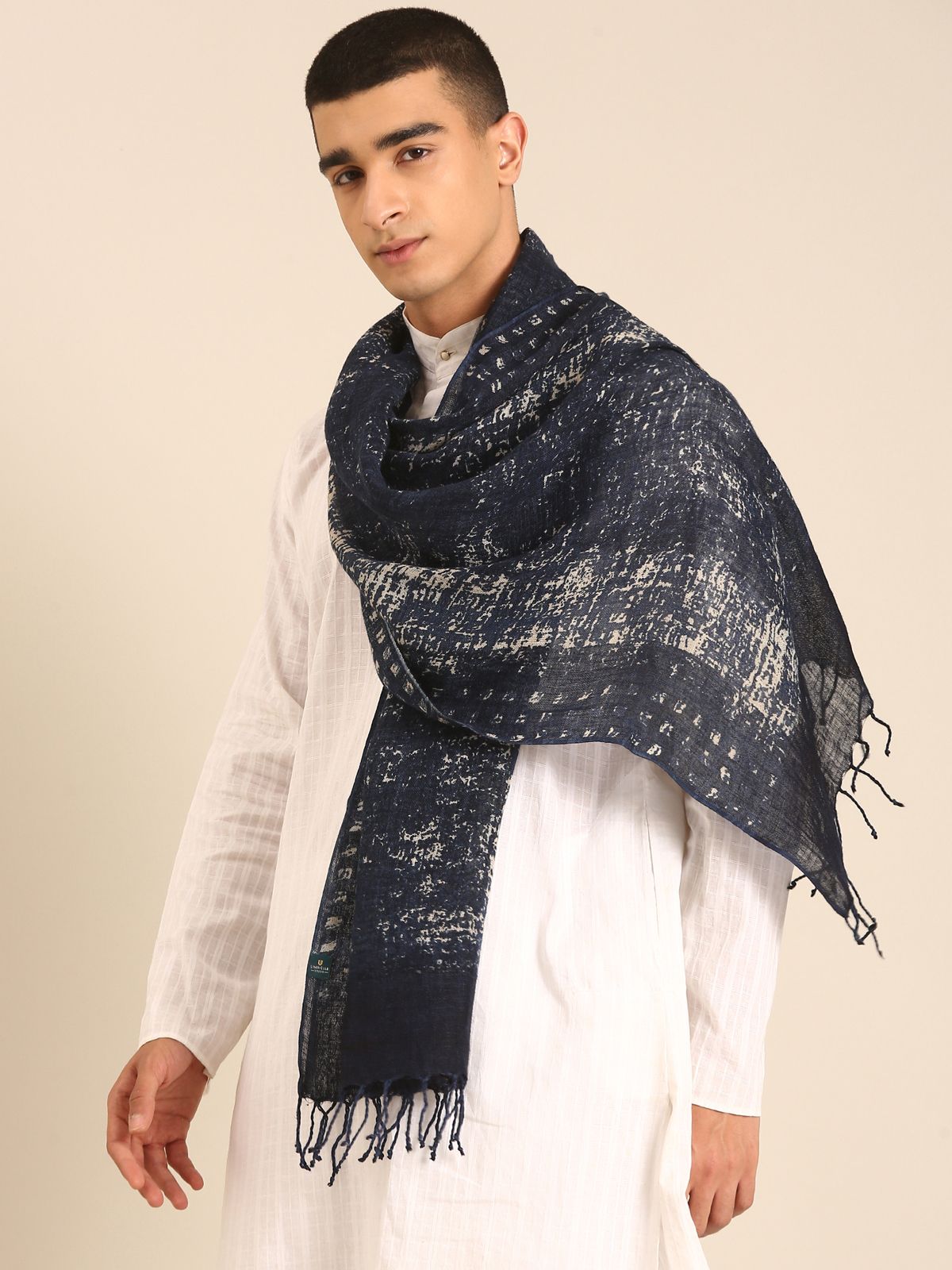 Linen Club Unisex Linen Stole Plaid Dark Navy Blue (Size:Free)