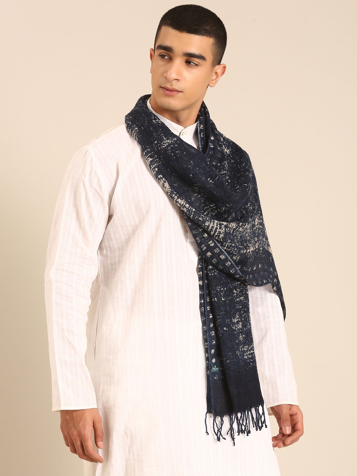 Linen Club Unisex Linen Stole Plaid Dark Navy Blue (Size:Free)