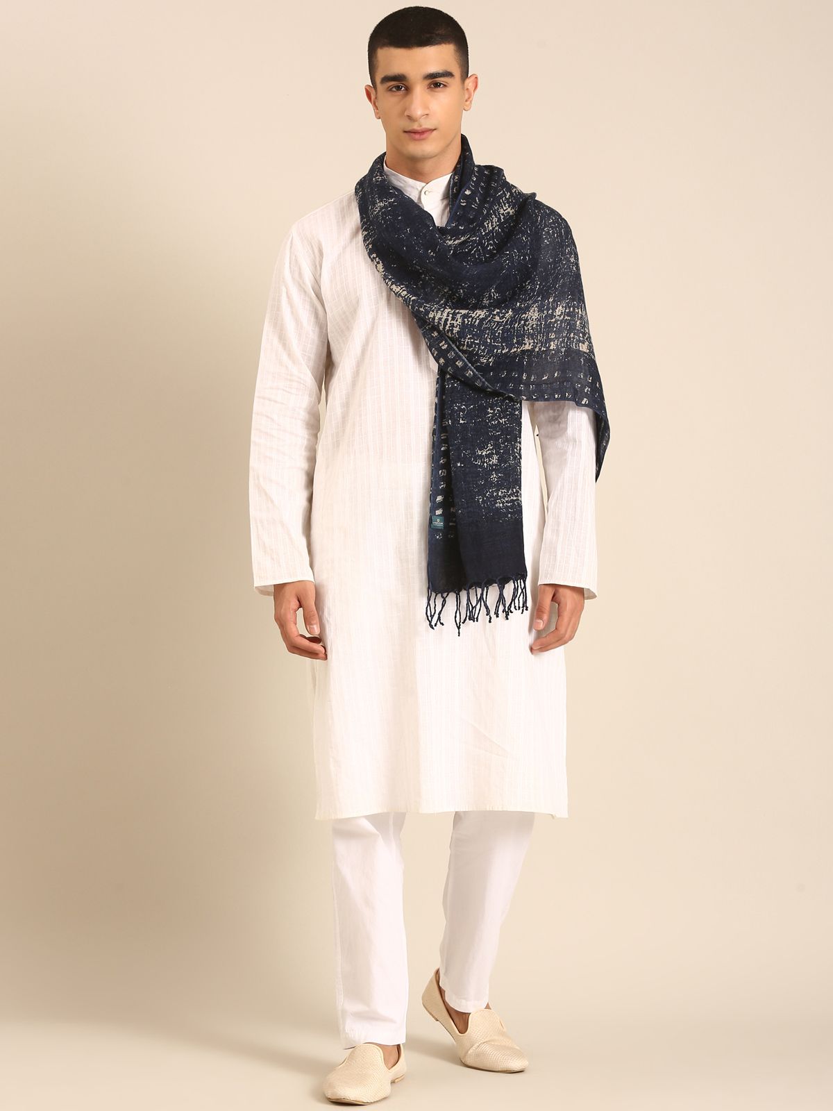 Linen Club Unisex Linen Stole Plaid Dark Navy Blue (Size:Free)
