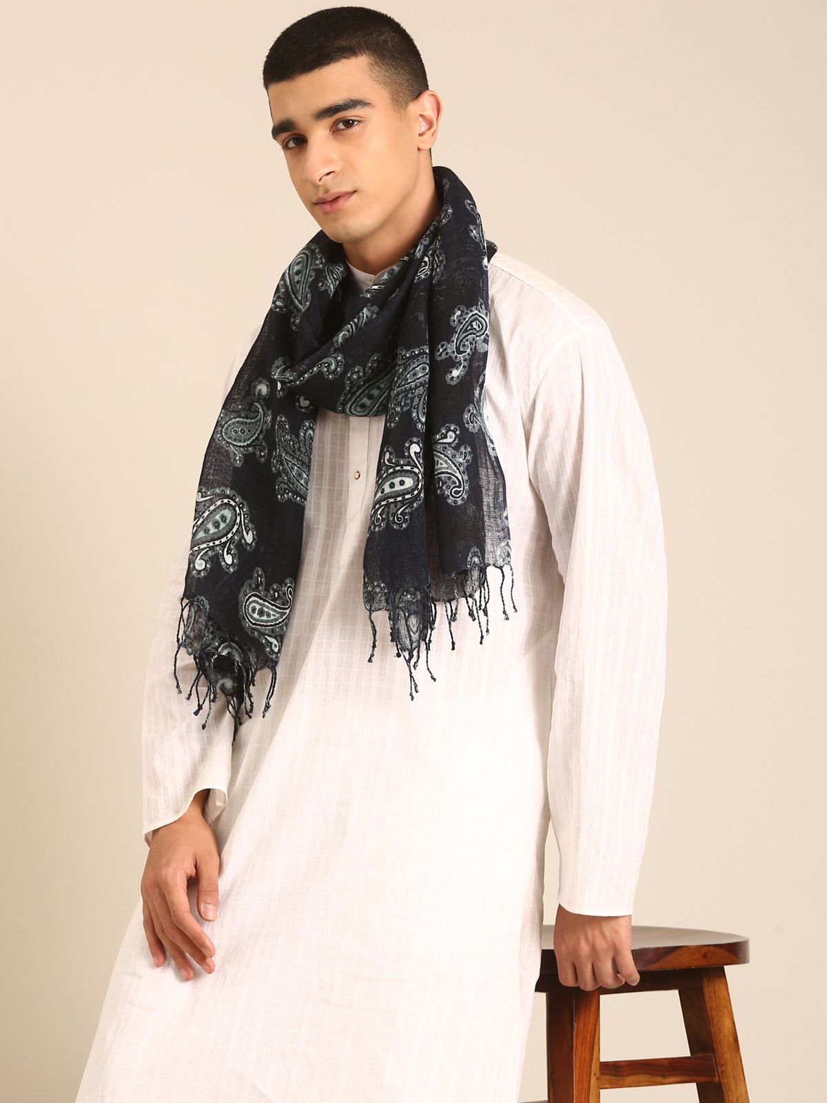 Linen Club Unisex Linen Stole Paisley Black  (Size:Free)
