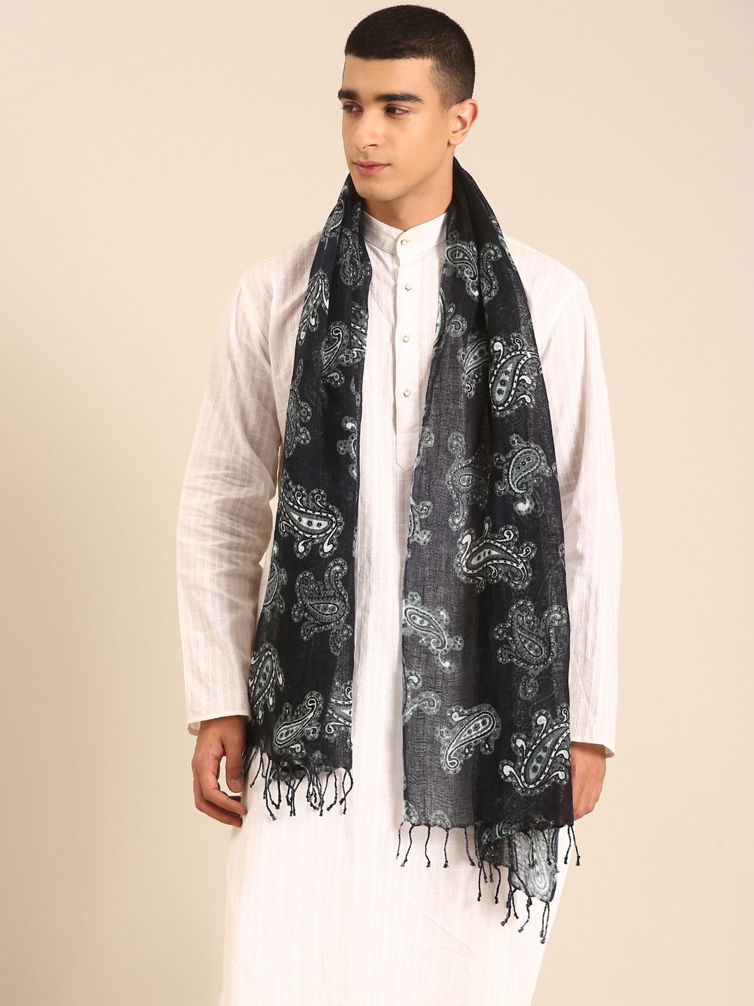 Linen Club Unisex Linen Stole Paisley Black  (Size:Free)