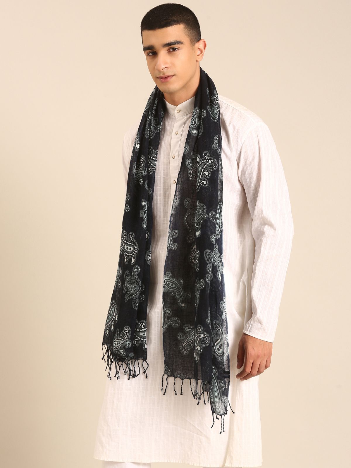 Linen Club Unisex Linen Stole Paisley Black  (Size:Free)