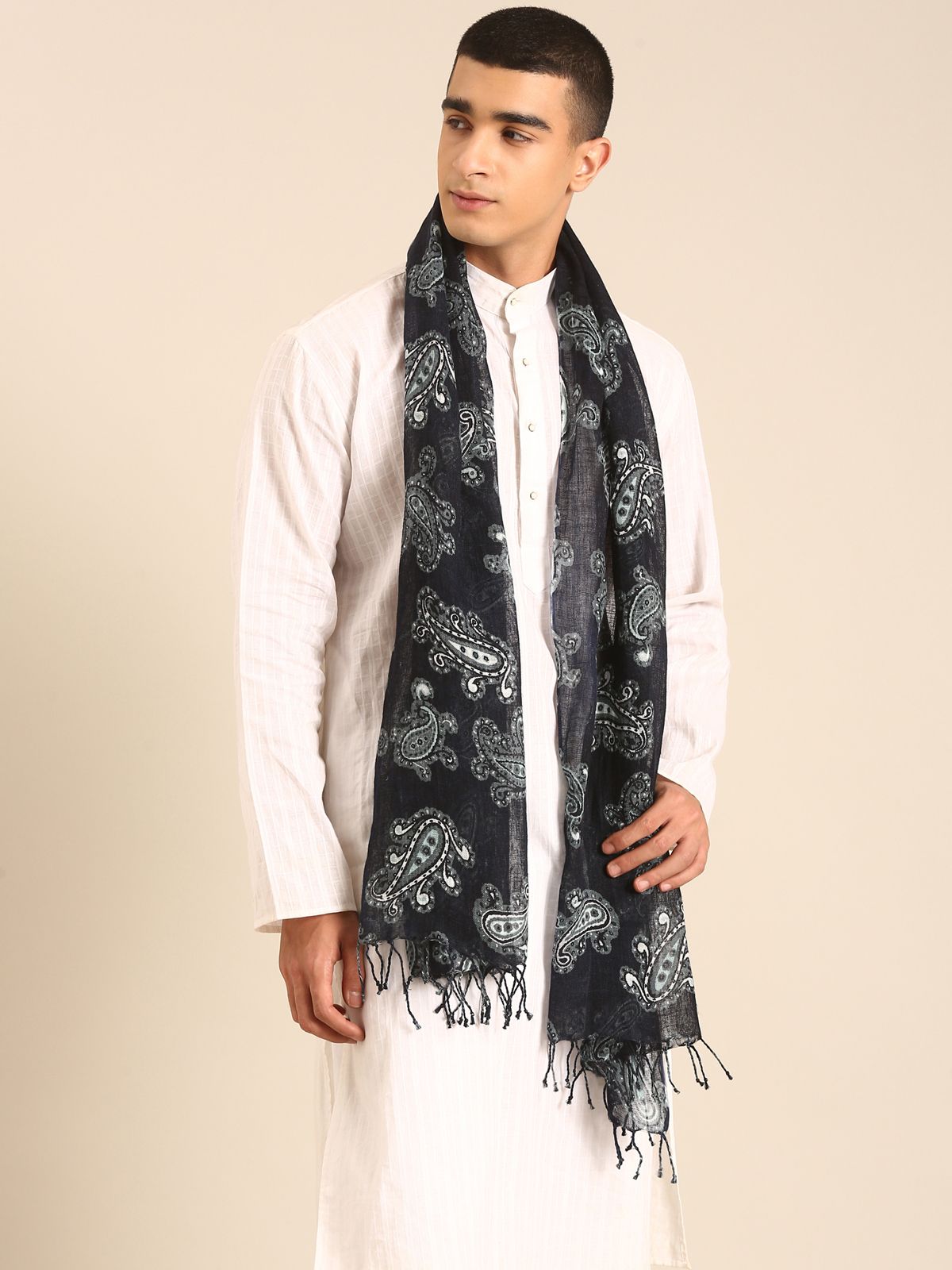 Linen Club Unisex Linen Stole Paisley Black  (Size:Free)